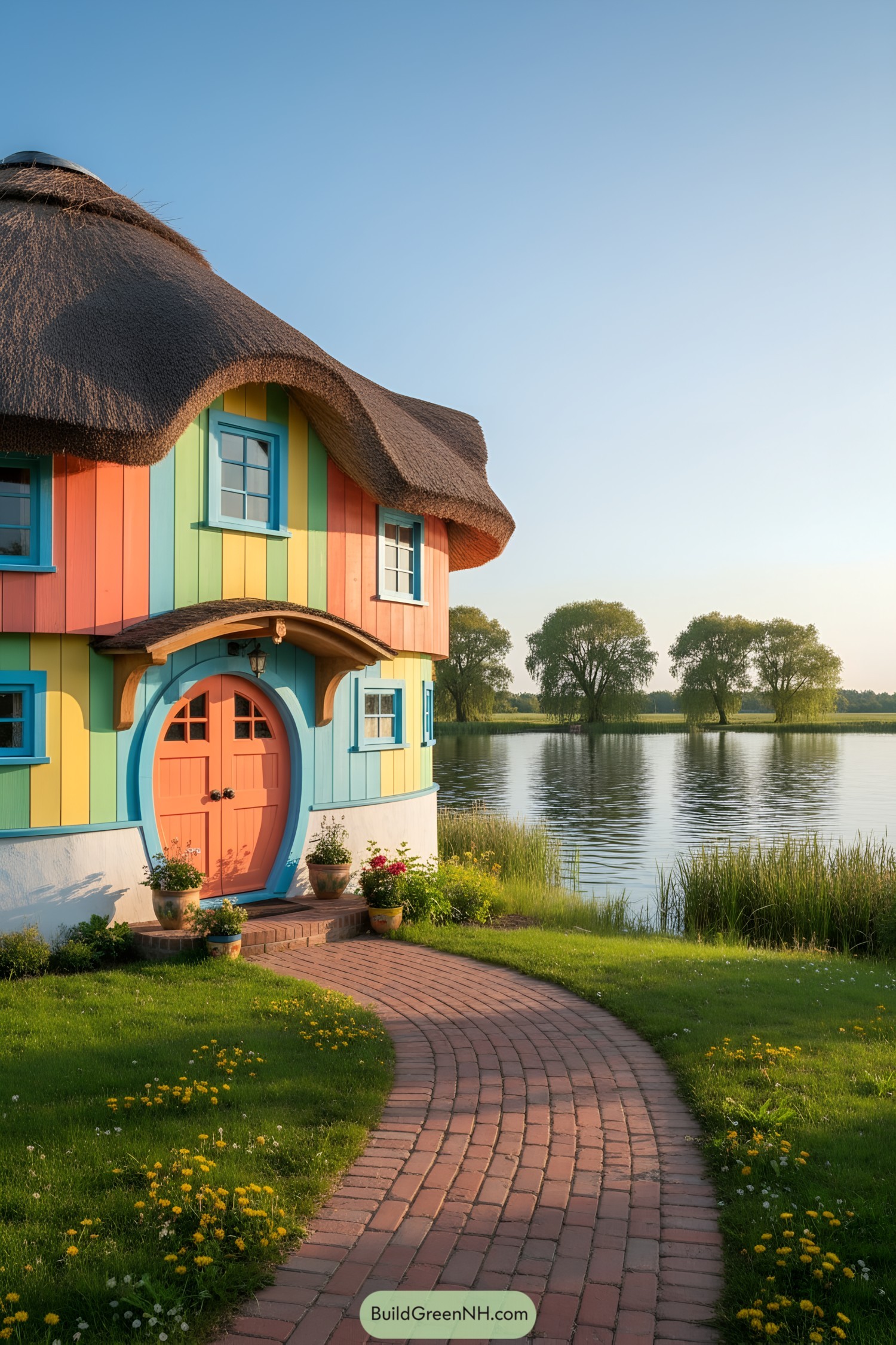 Colorful cottage with rainbow slats by a serene lake