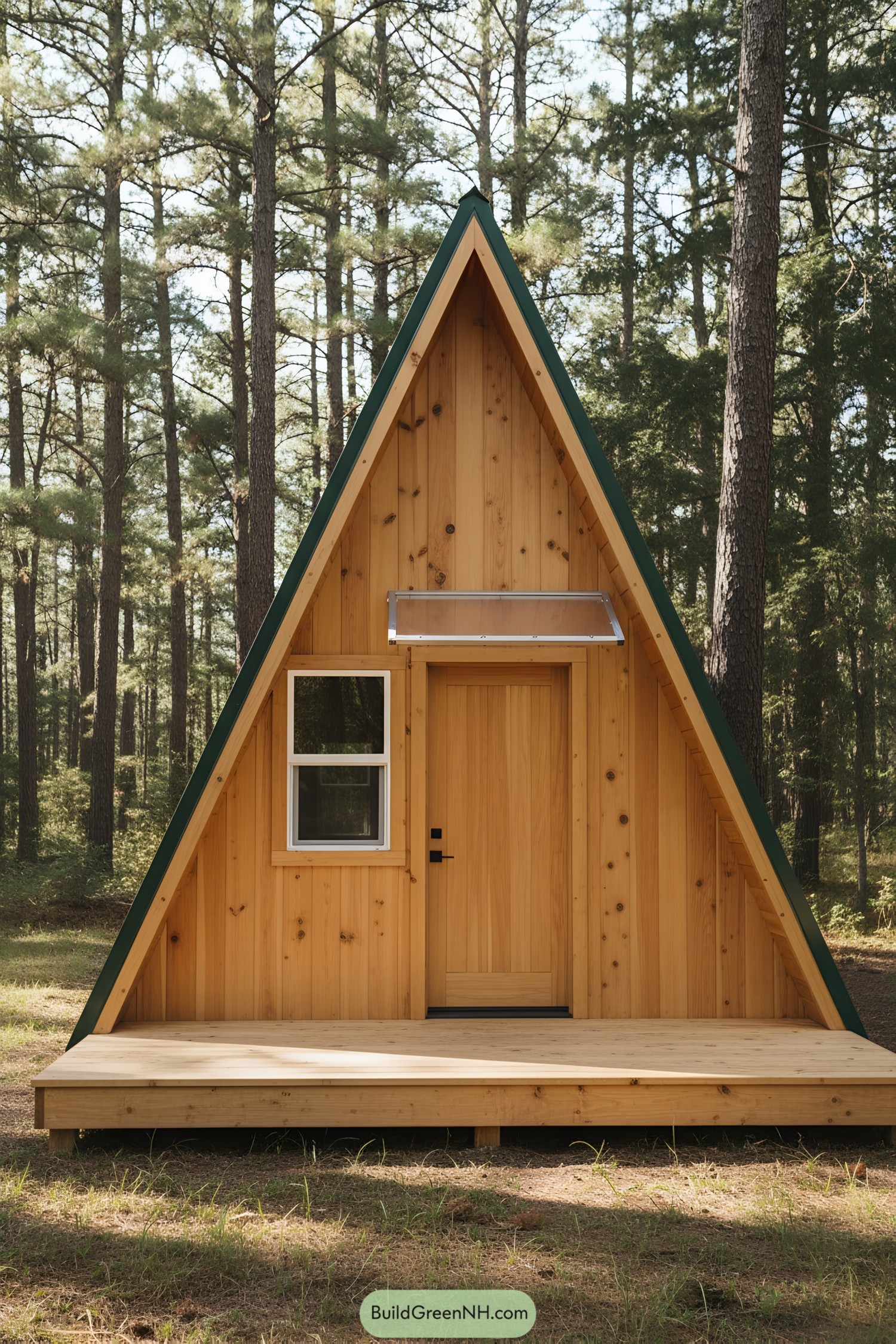 A-frame cabin with wooden exterior nestled in the forest