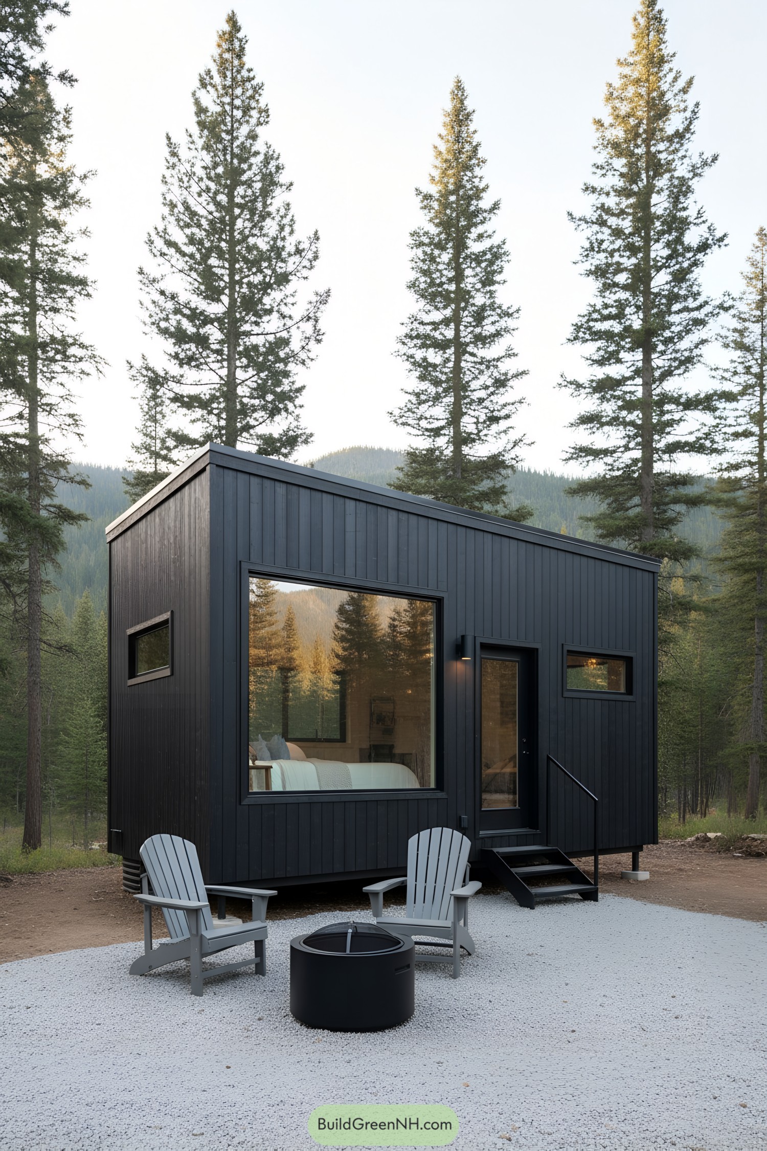 Compact black cabin with large window in a forest setting