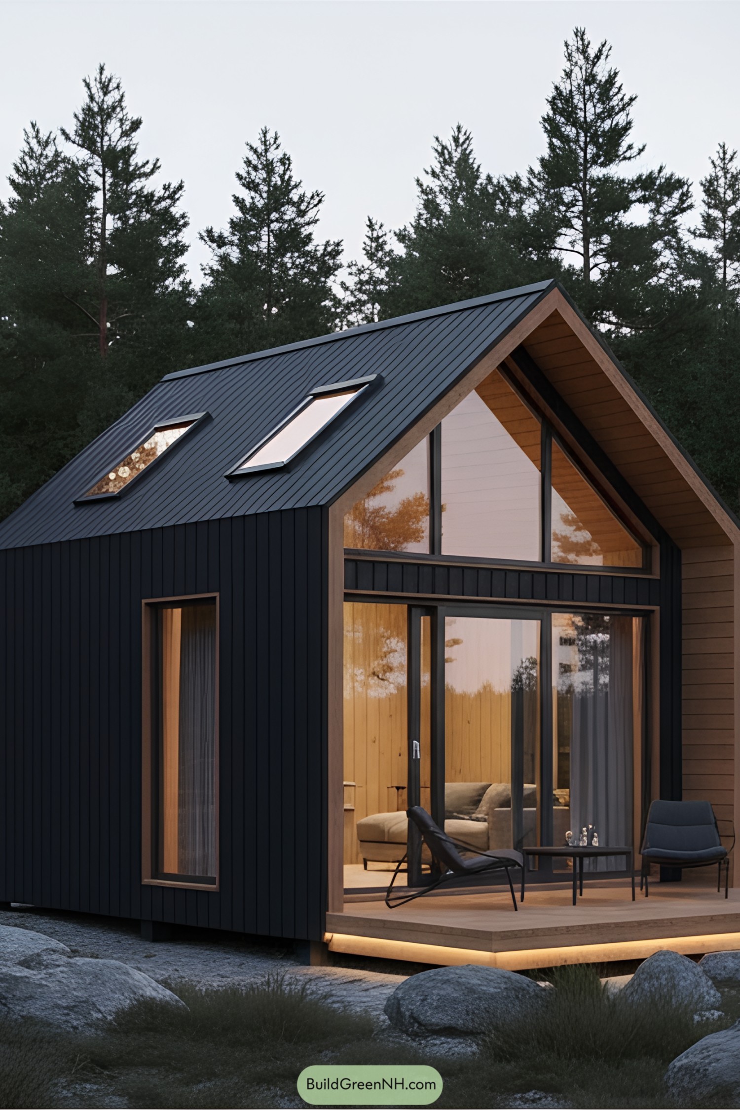Sleek black cabin with large windows in a forest setting