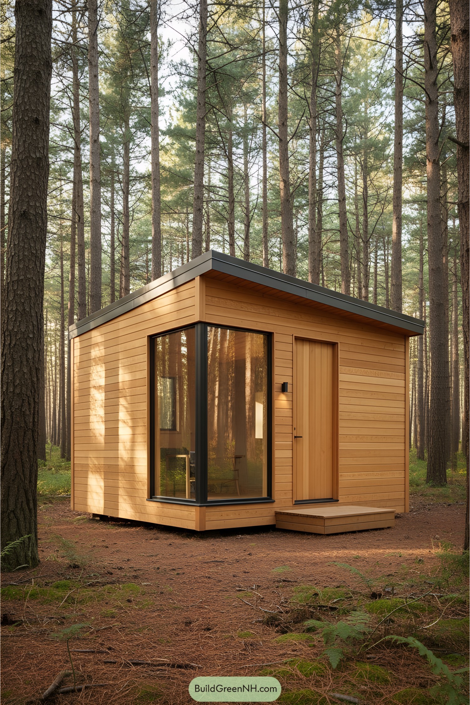 Tiny wooden cabin nestled in a forest