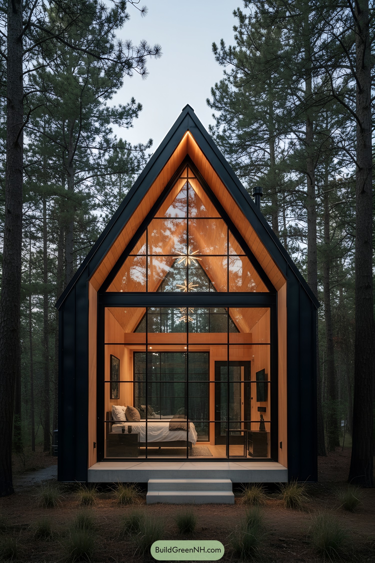Modern cabin with large glass front nestled in the woods