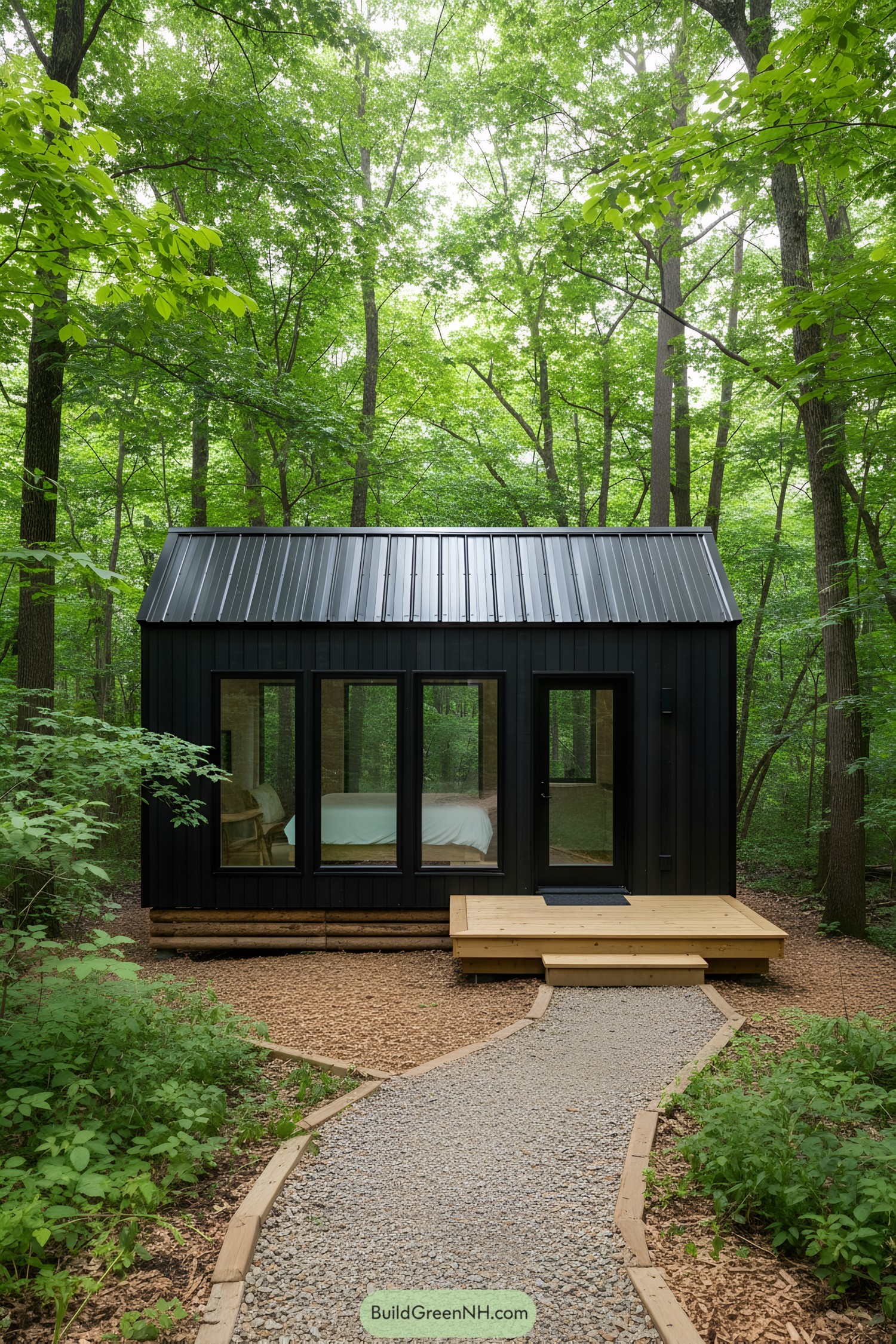 Black cabin nestled in vibrant green forest with glass windows