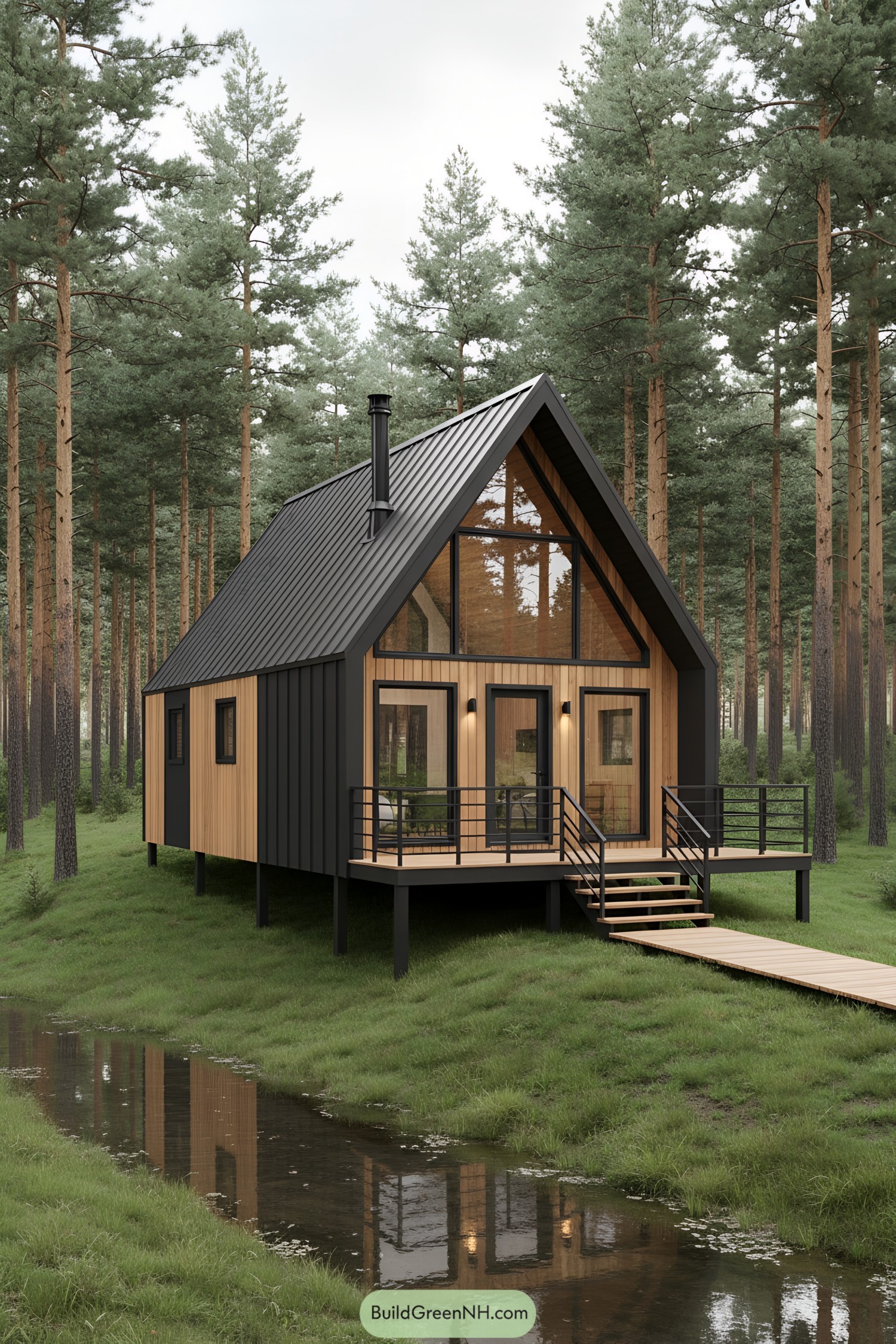 Compact cabin with a black roof, wood accents, and large windows surrounded by towering trees
