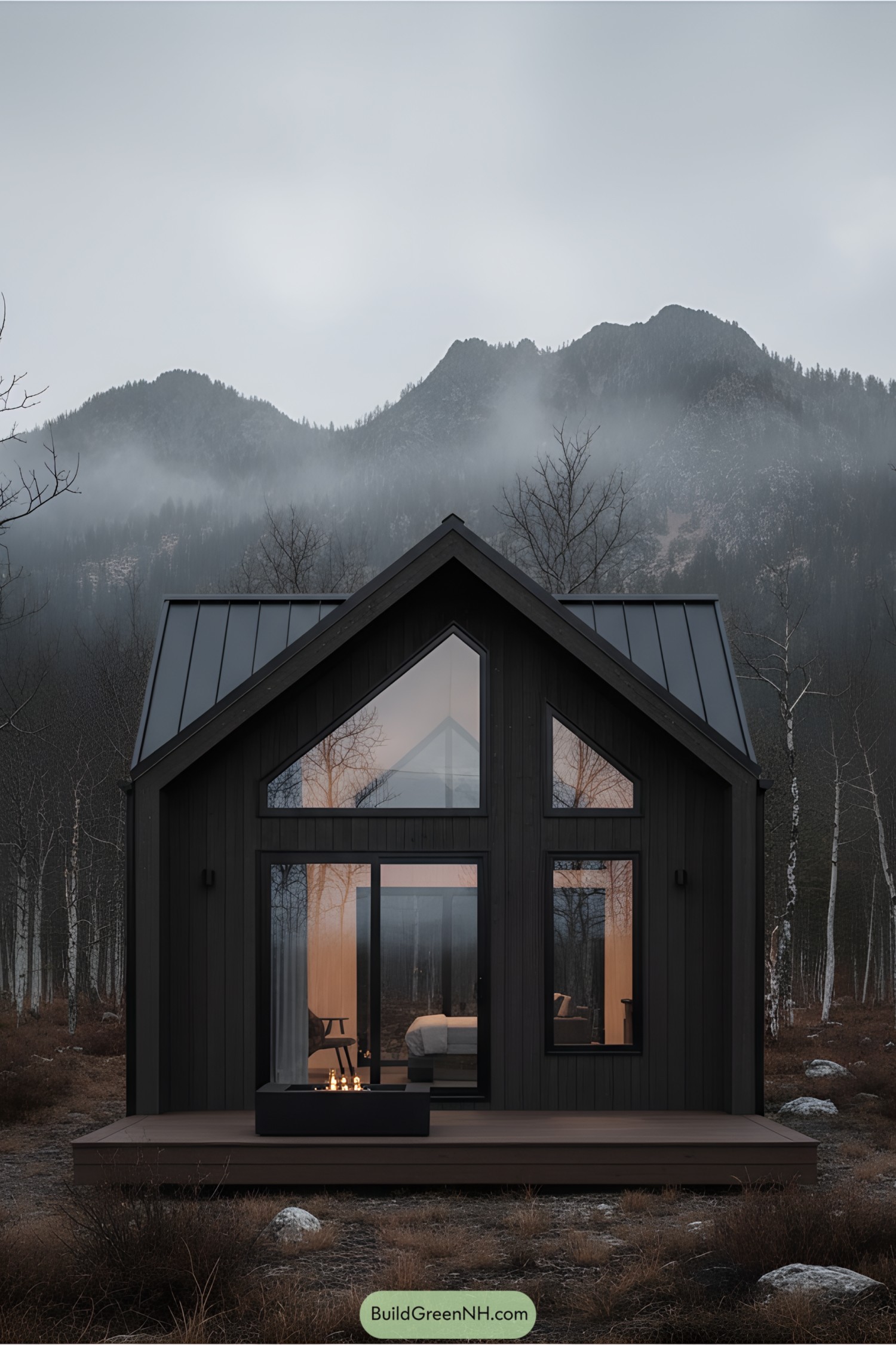 Tiny cabin with triangular windows and dark wood