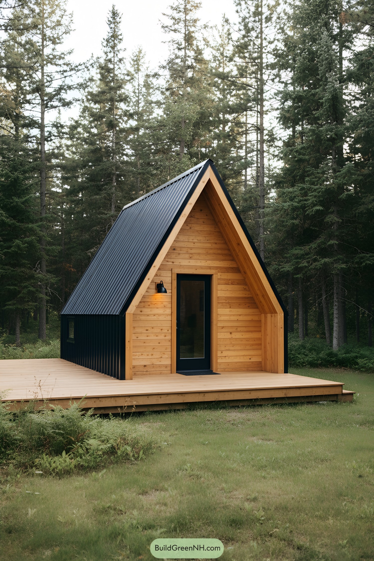 Small wooden cabin with a steep metal roof in a forest