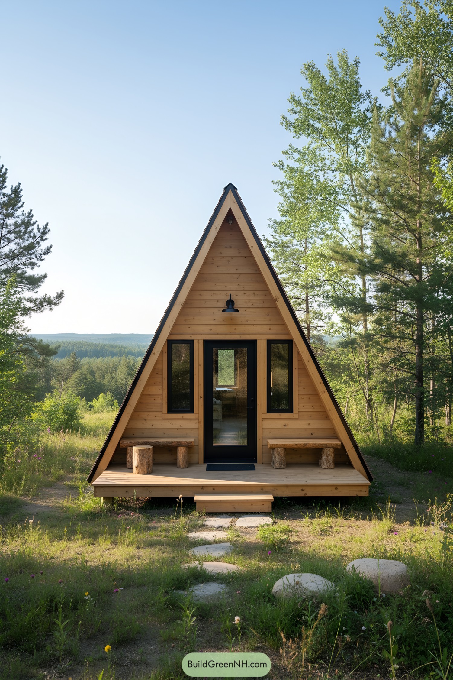 A-frame wooden cabin with a scenic forest backdrop