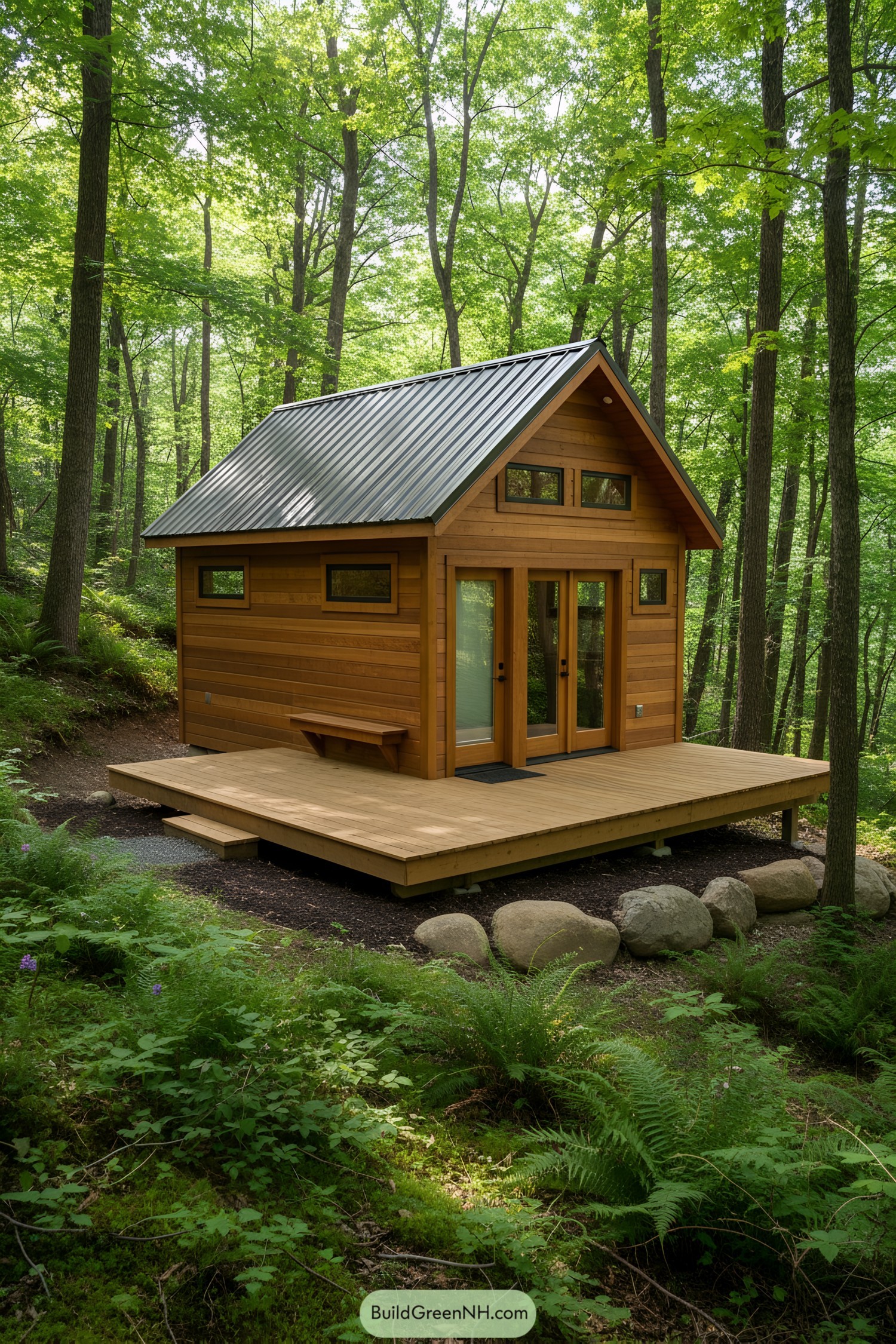 Wooden cabin nestled in a lush forest setting