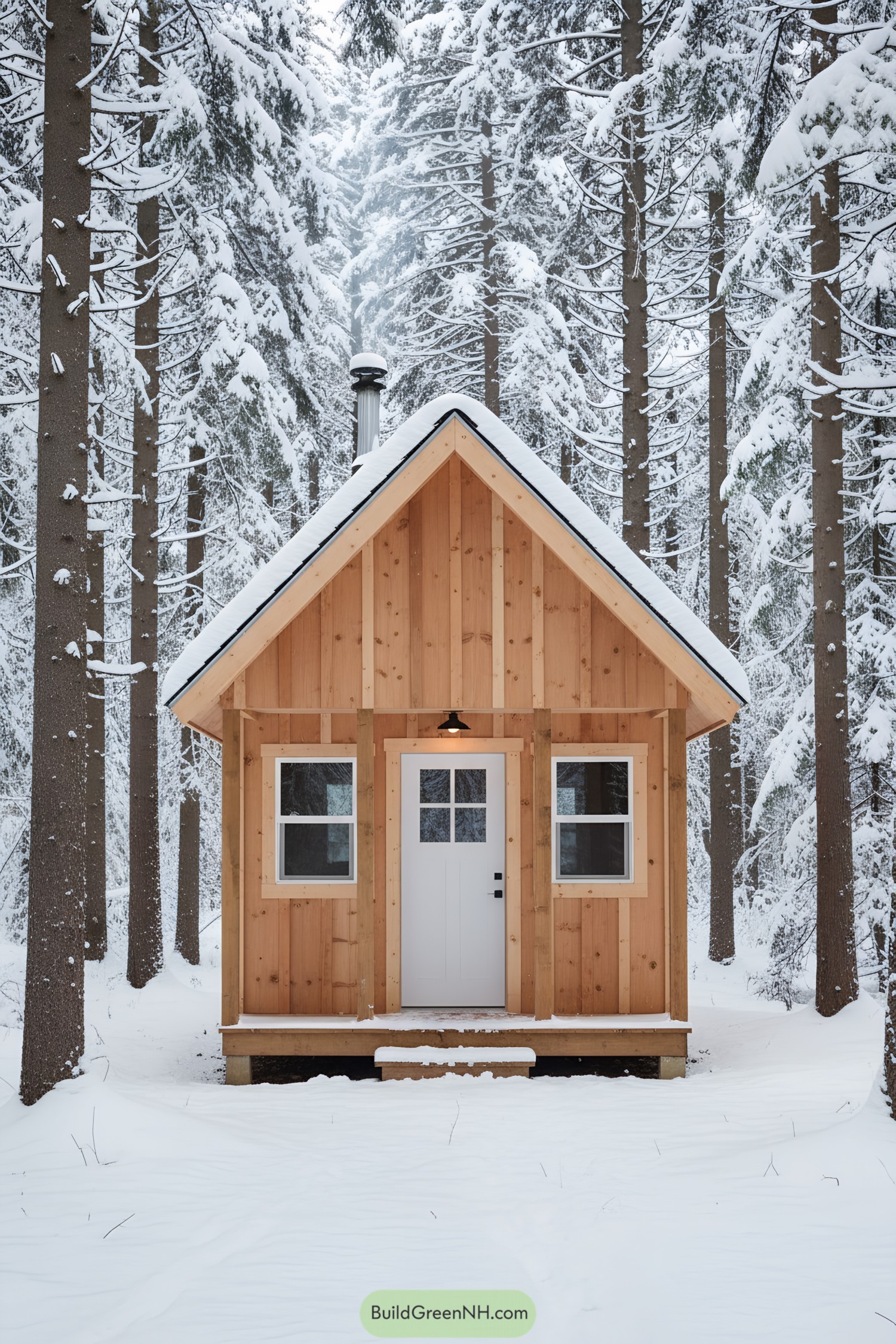 Small wooden cabin surrounded by snowy trees