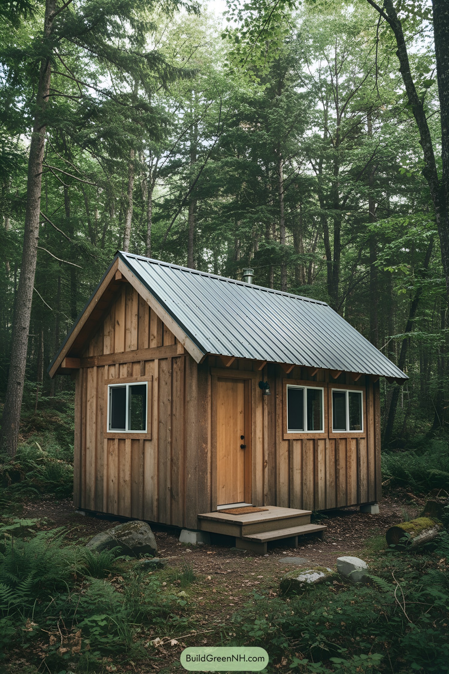 Small wooden cabin nestled in a lush forest setting