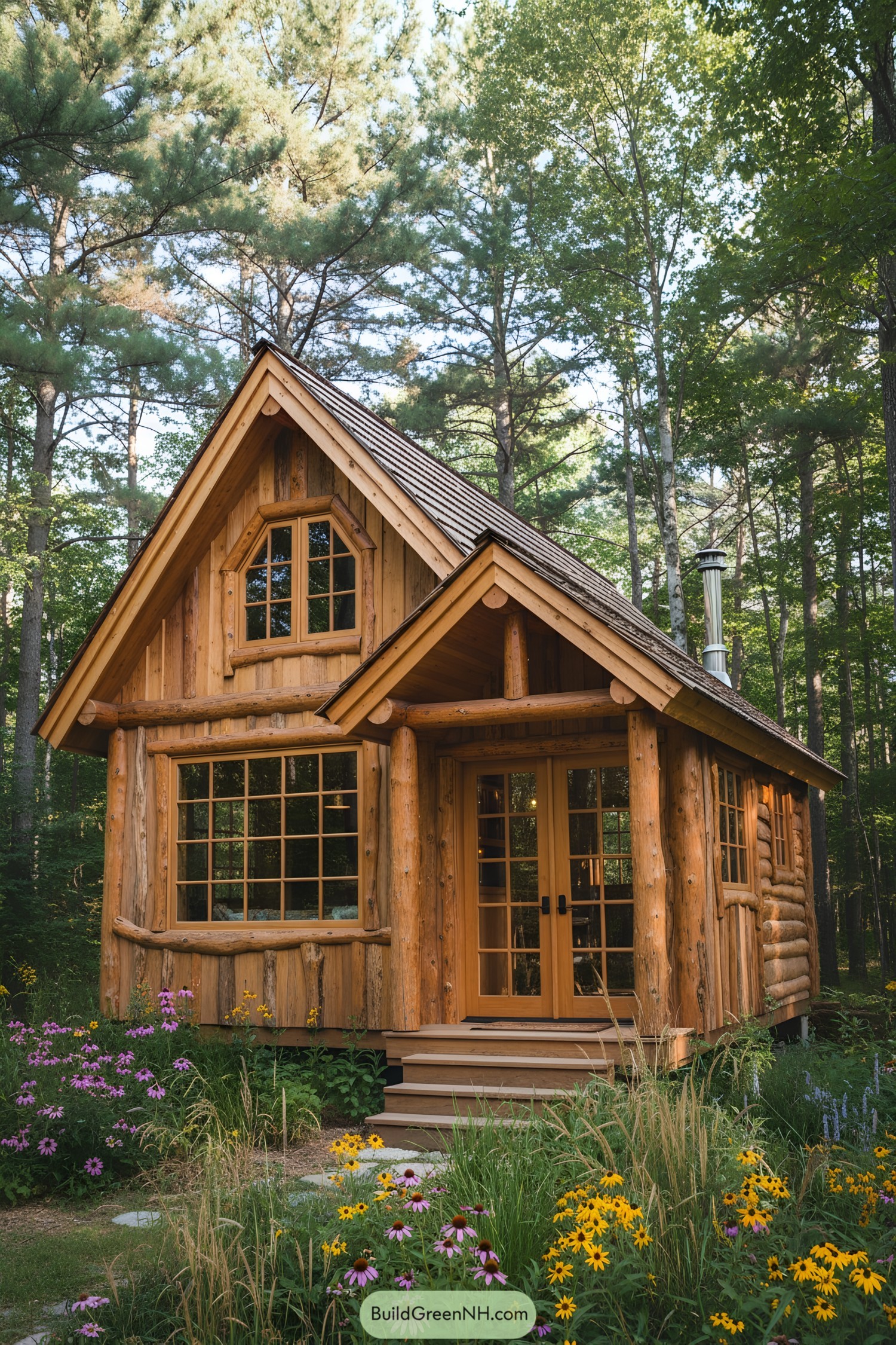Charming log cabin surrounded by colorful wildflowers in a forest setting