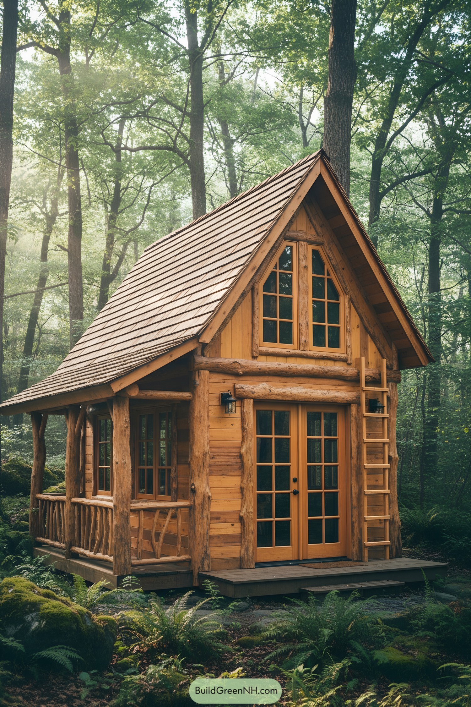 Quaint timber cabin nestled in a lush forest setting