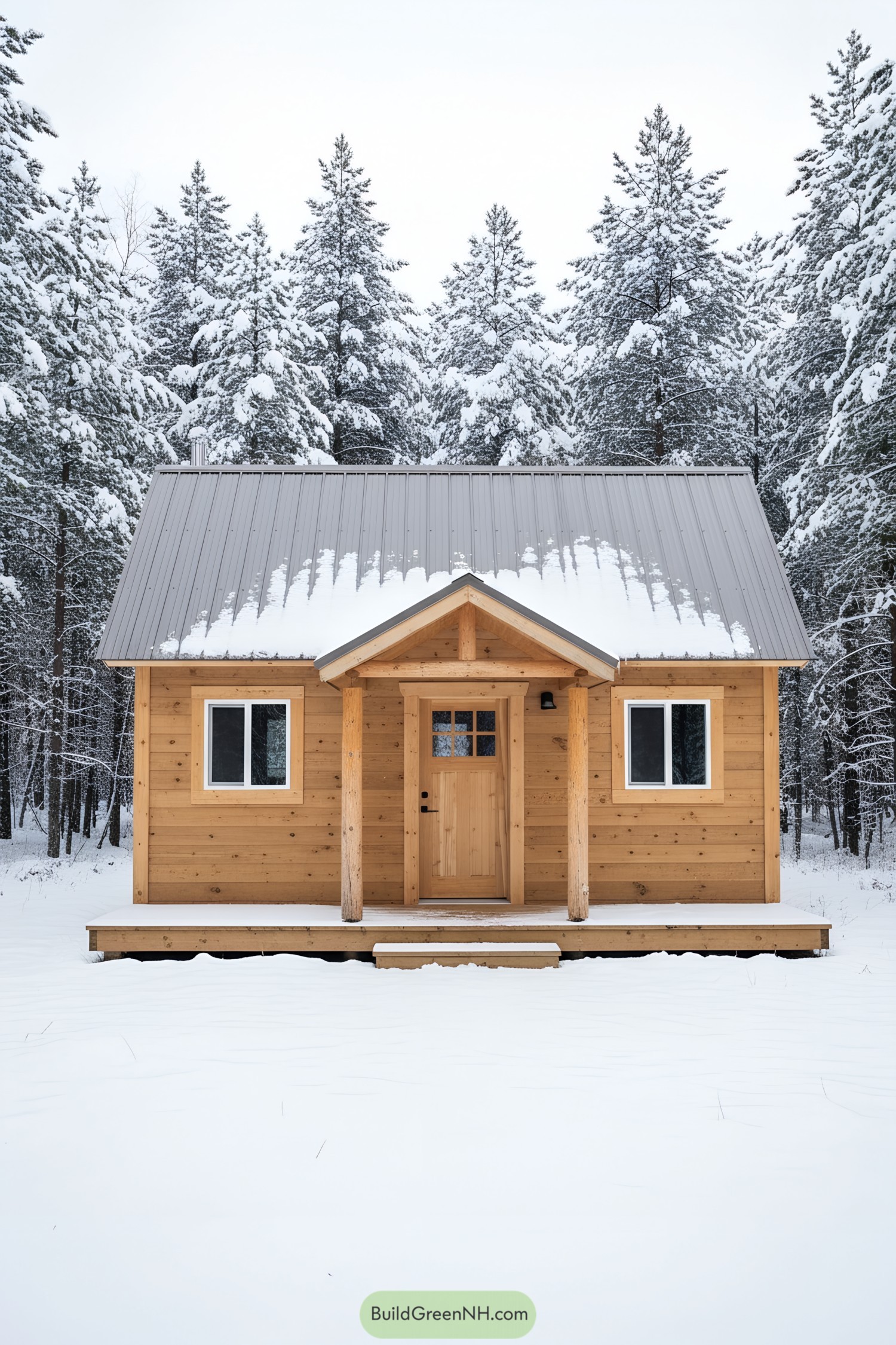 Compact wooden cabin surrounded by snow and trees