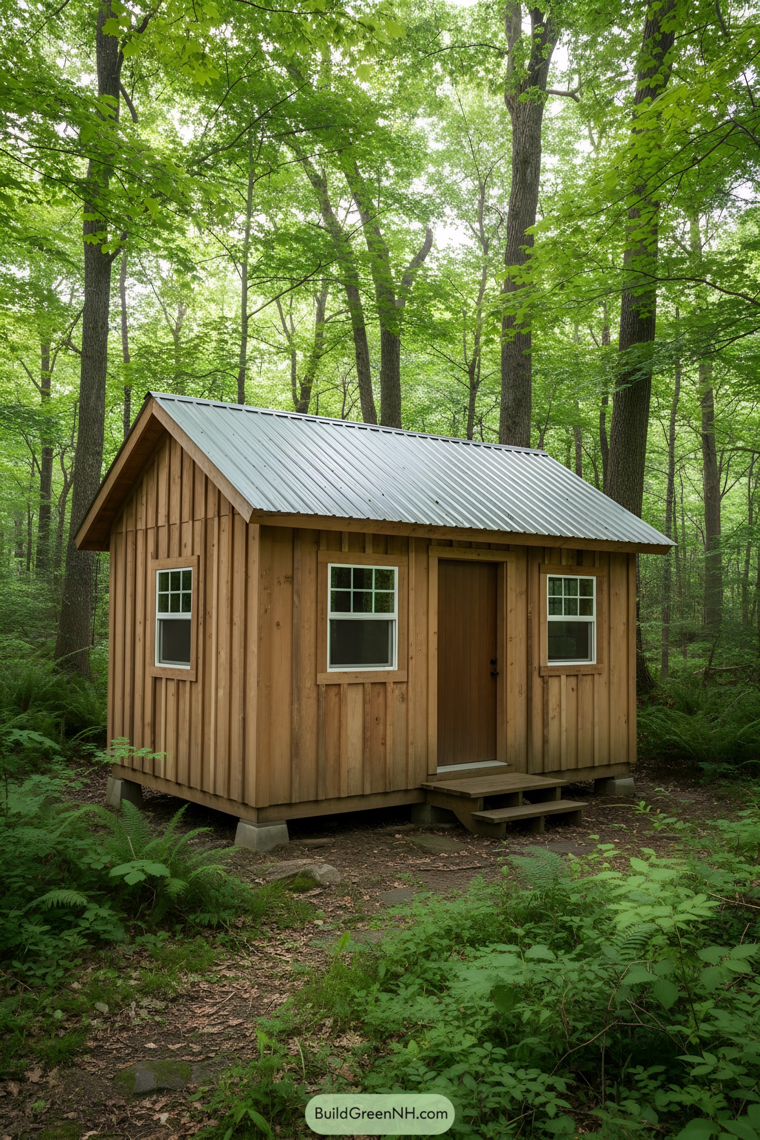 Tiny wooden cabin nestled in a lush forest