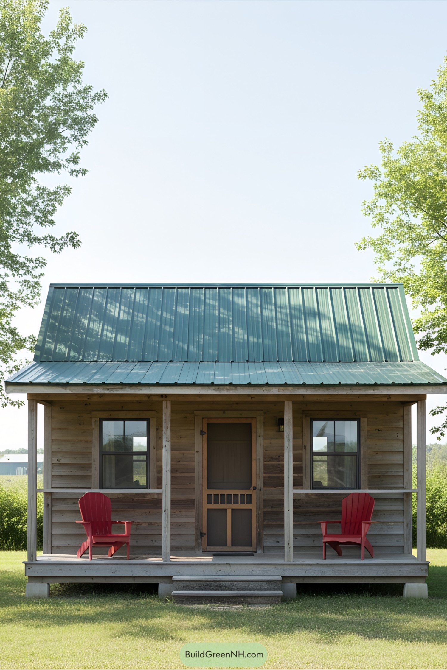 Small wooden cabin with red chairs on the porch