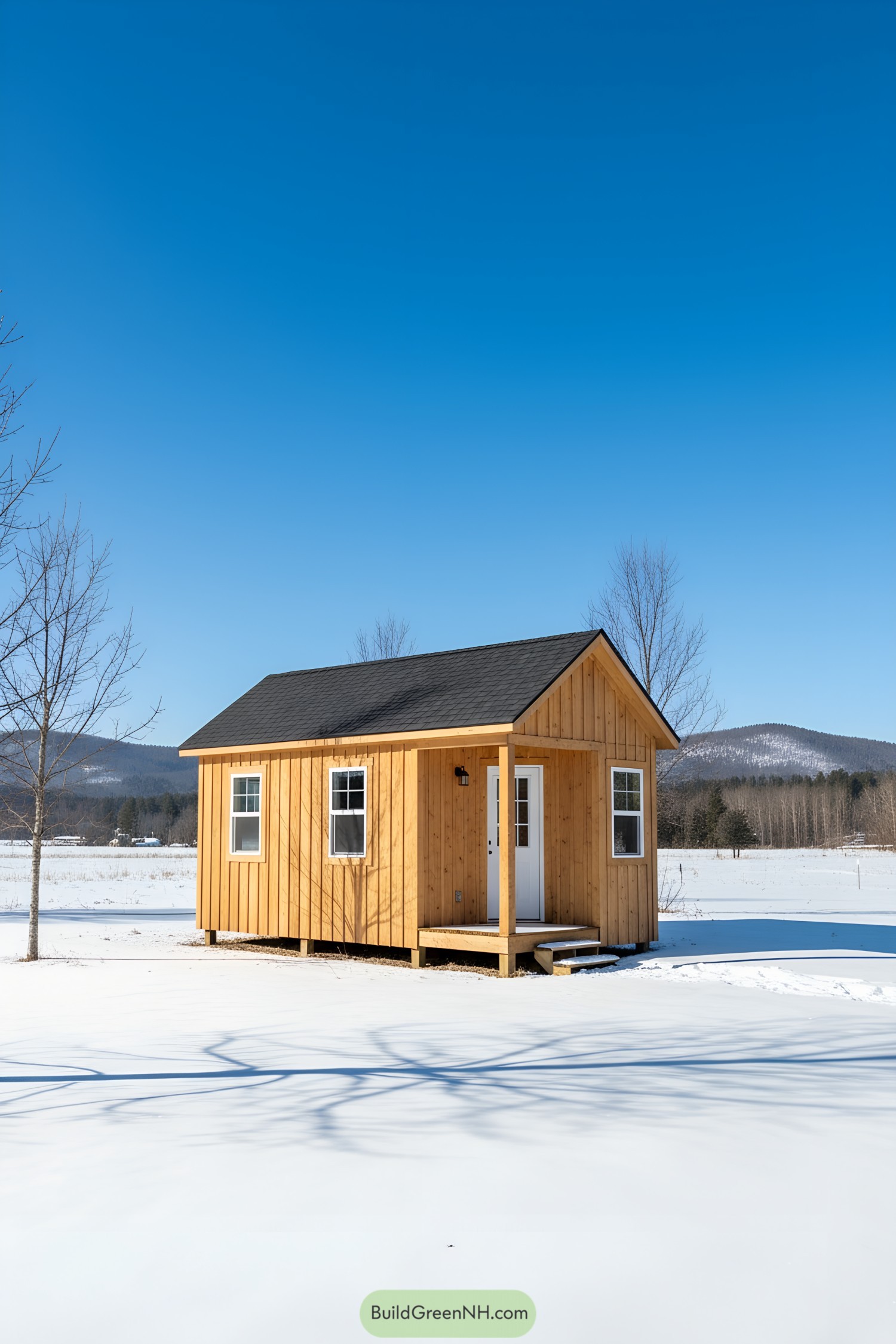 A small wooden cabin standing on a snowy landscape
