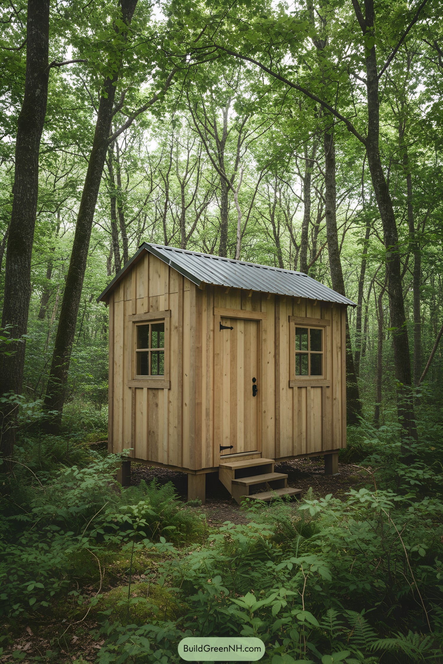 A small wooden cabin nestled in a lush forest