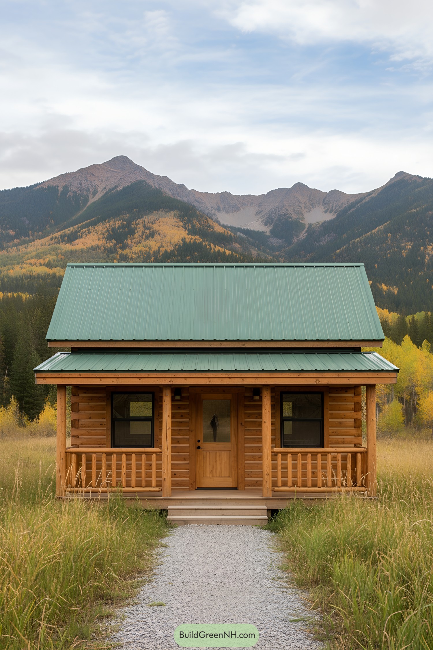 Small wooden cabin with green roof in mountain meadow