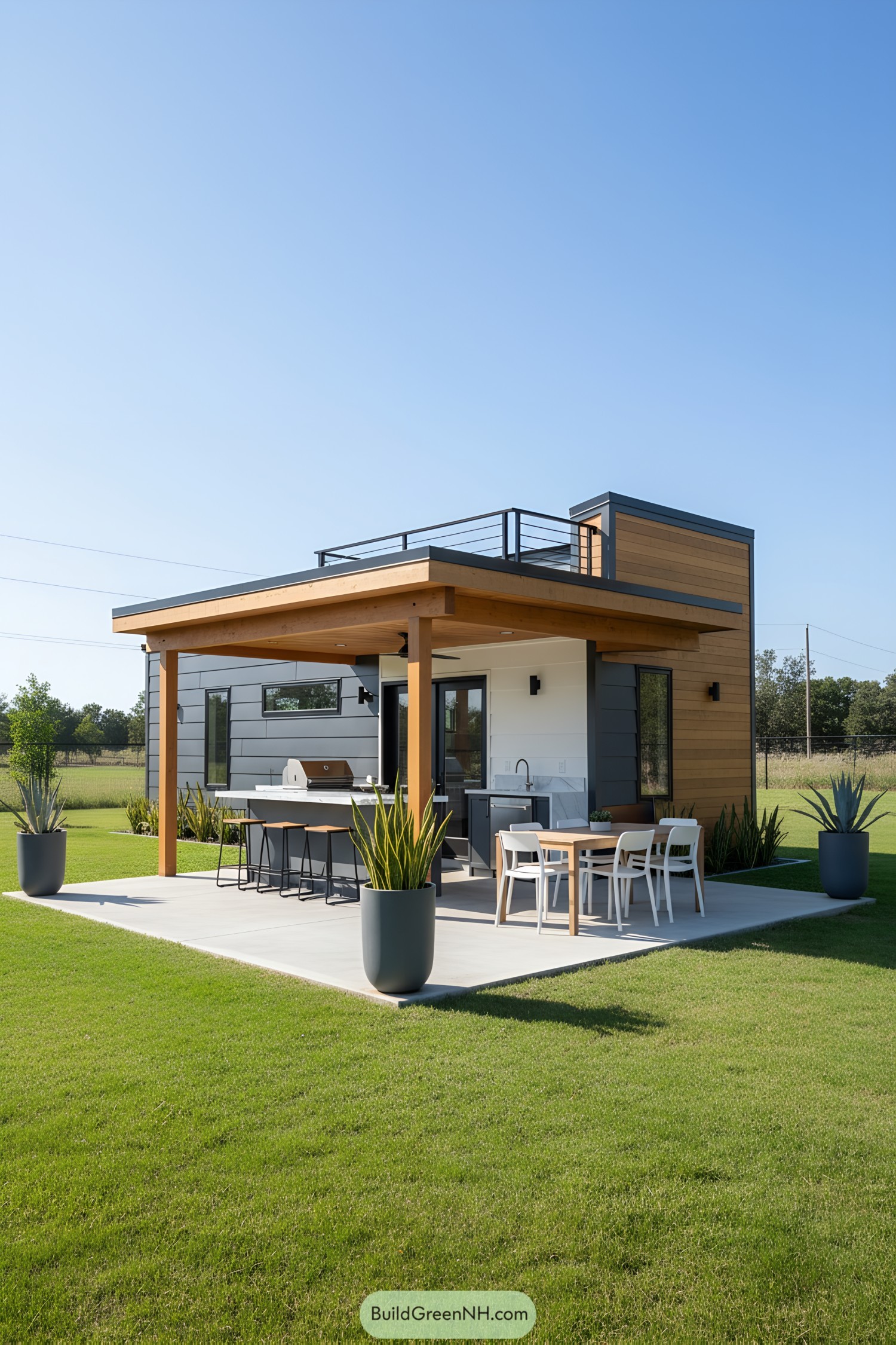 Modern tiny house with patio and lush green lawn