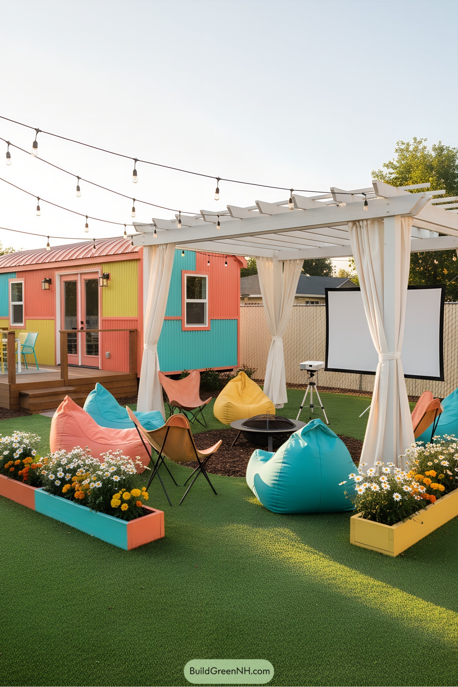 Colorful tiny home with vibrant outdoor seating