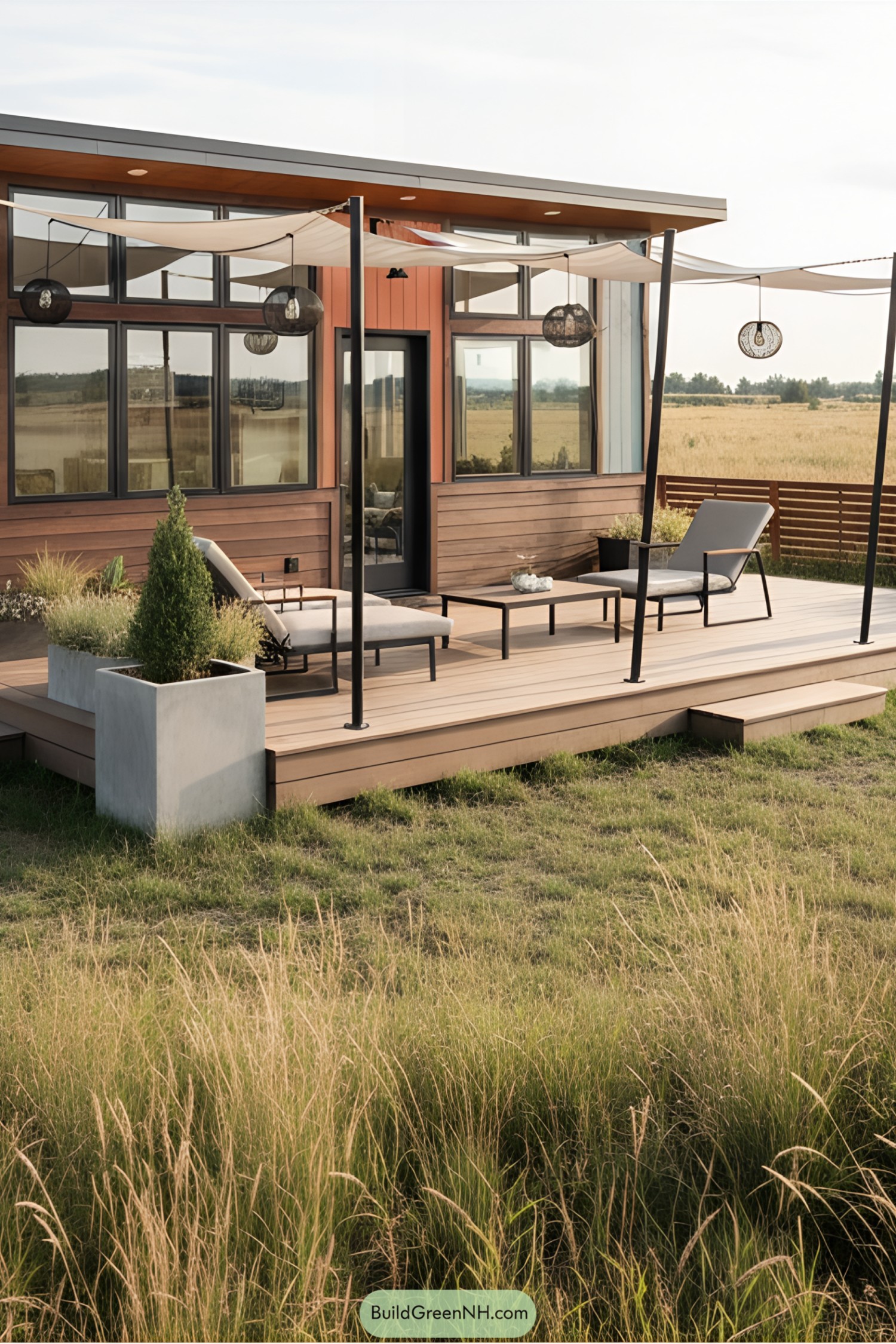 Contemporary tiny house with wooden deck