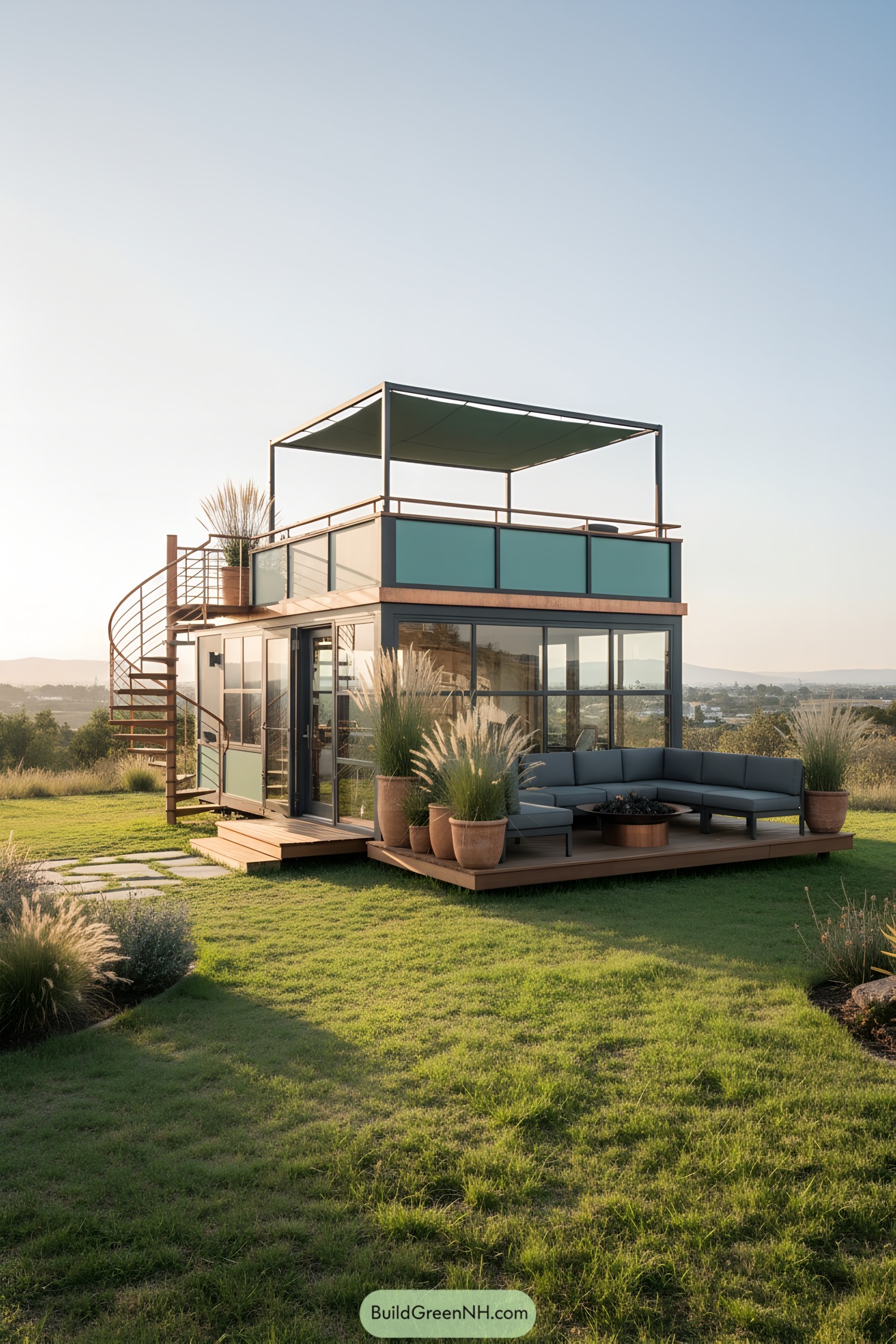 Modern tiny house with rooftop terrace and spiral staircase
