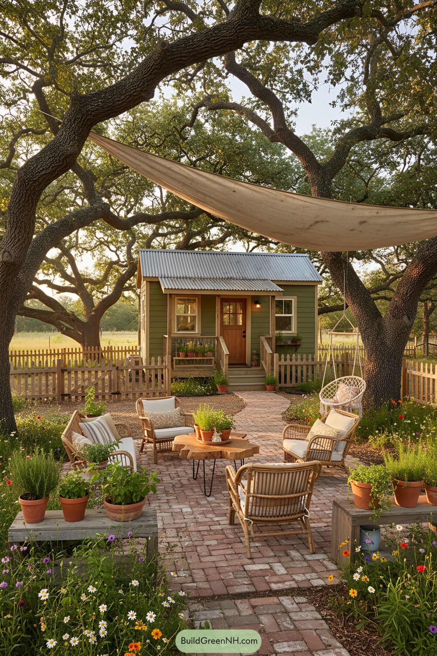 Tiny house with lush surroundings and outdoor seating area