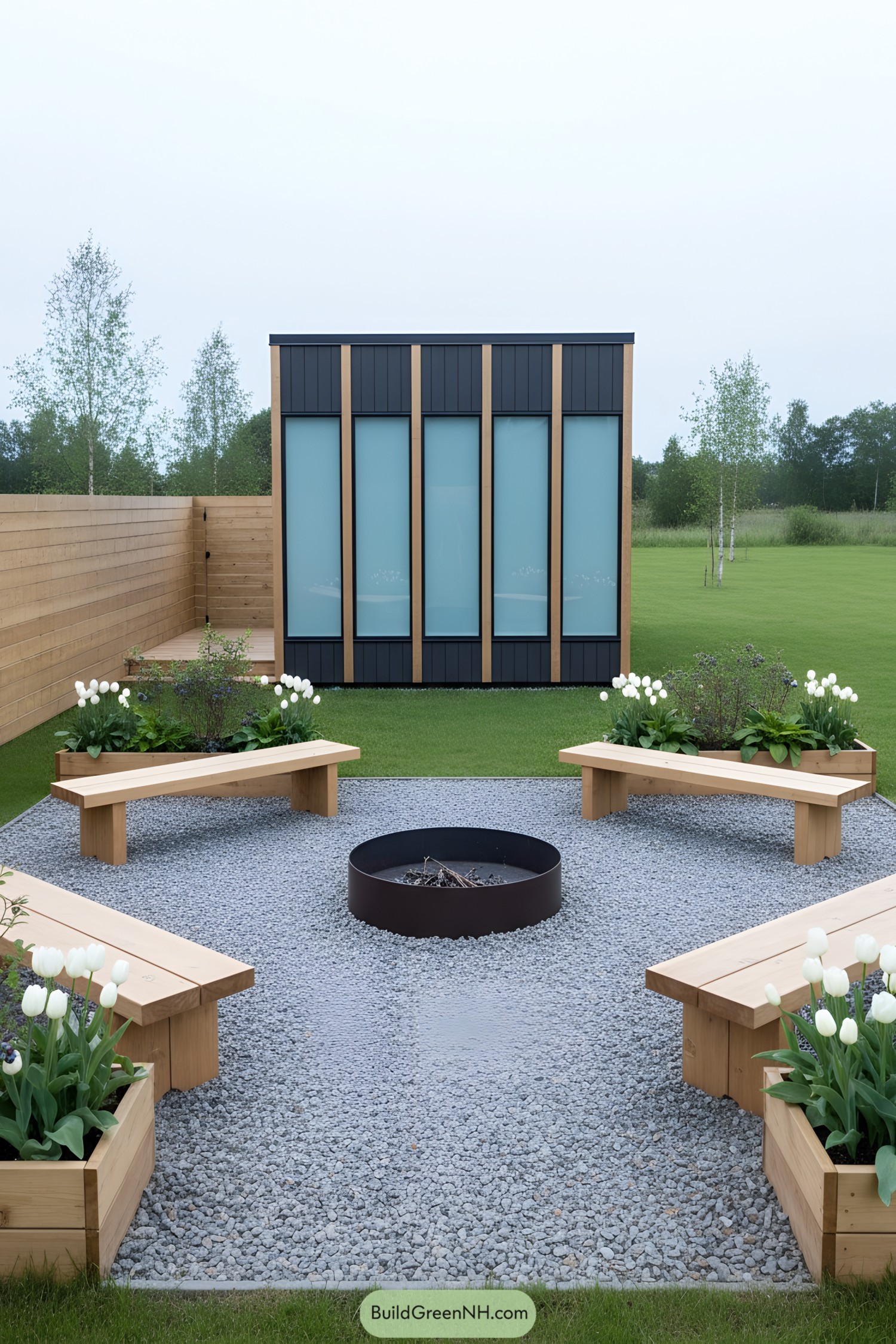 Modern tiny house with large windows and a stylish garden area