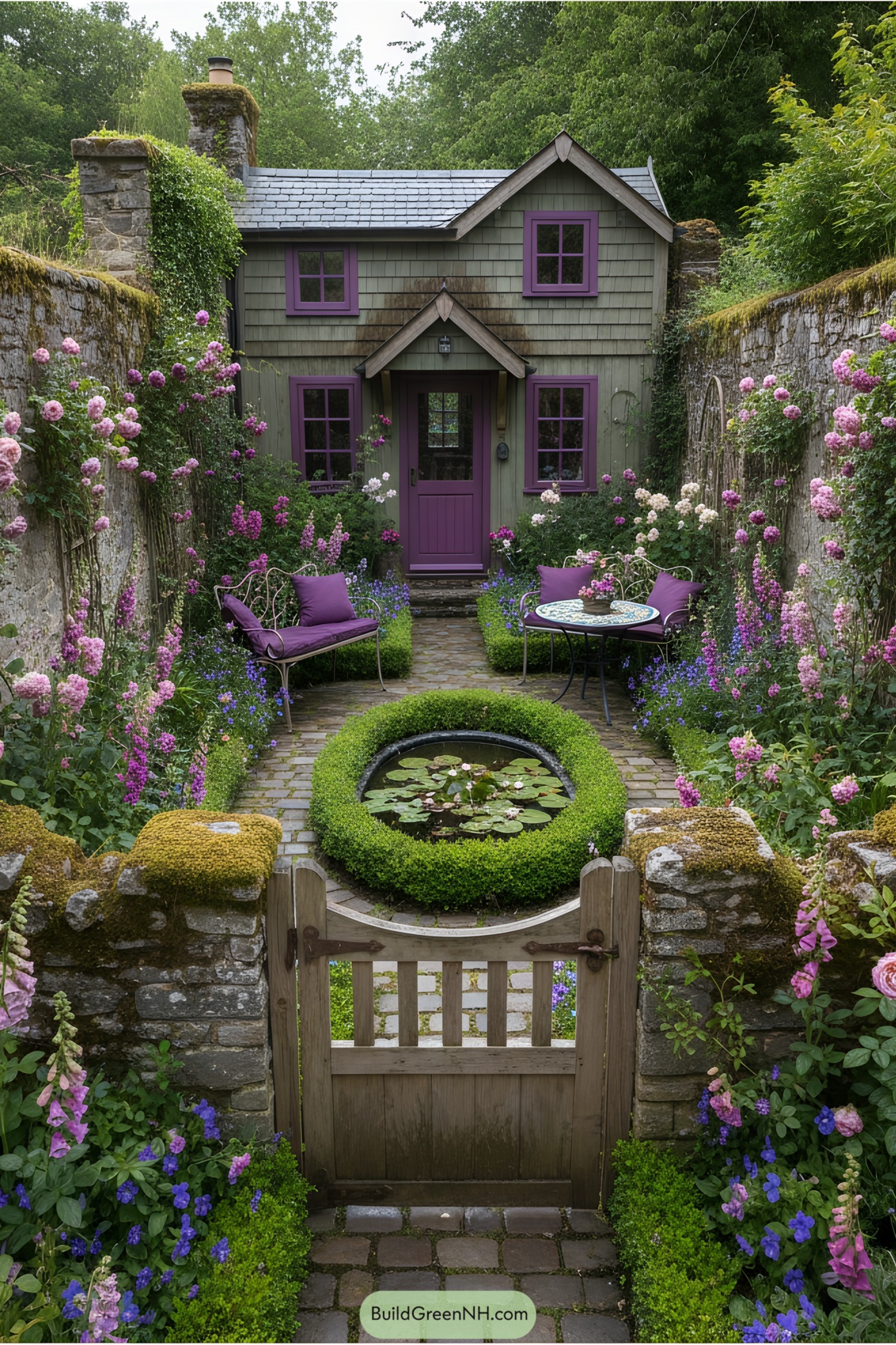 Charming tiny house with purple accents and lush garden