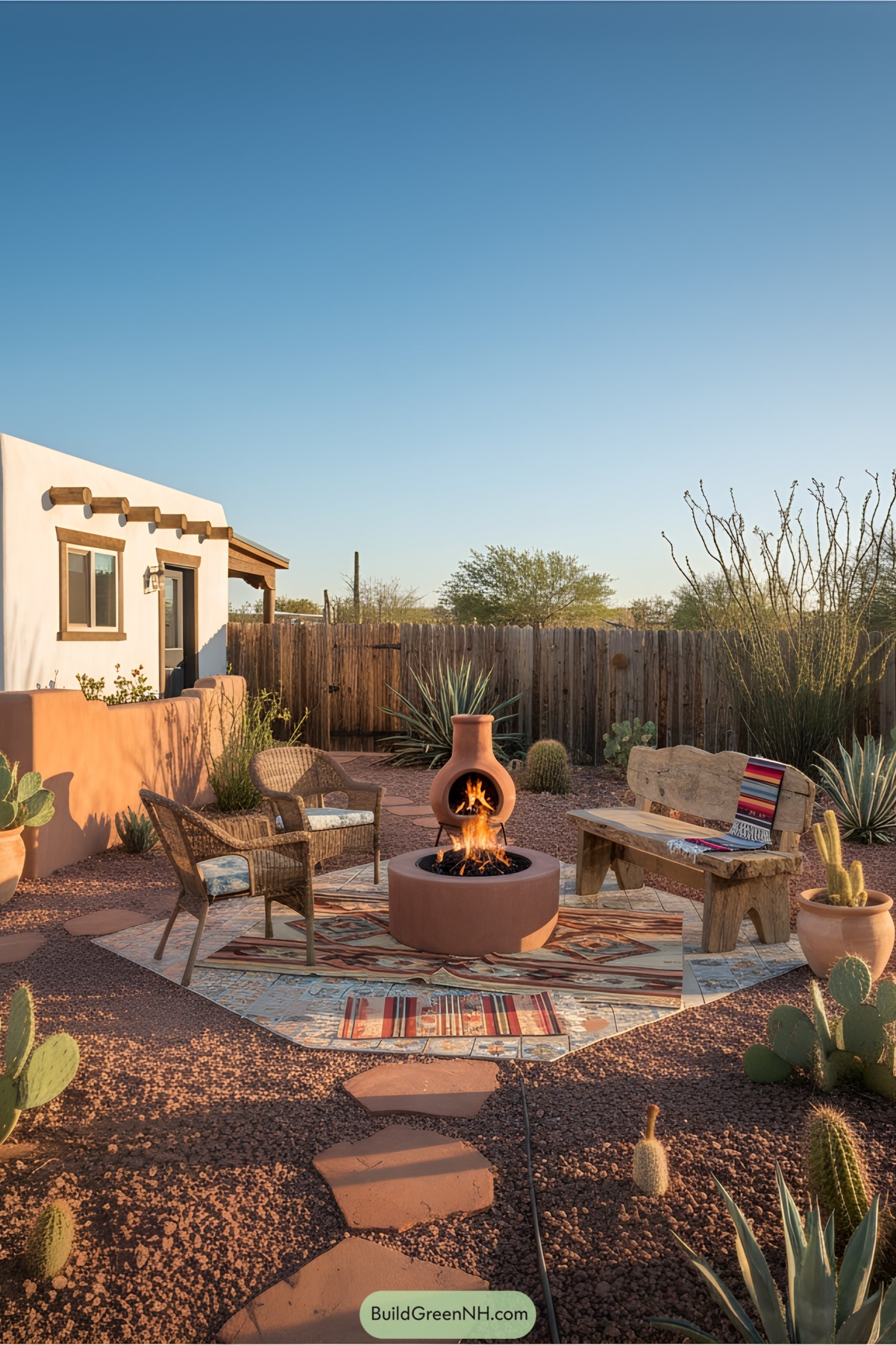 Charming adobe tiny house with a toasty fire pit