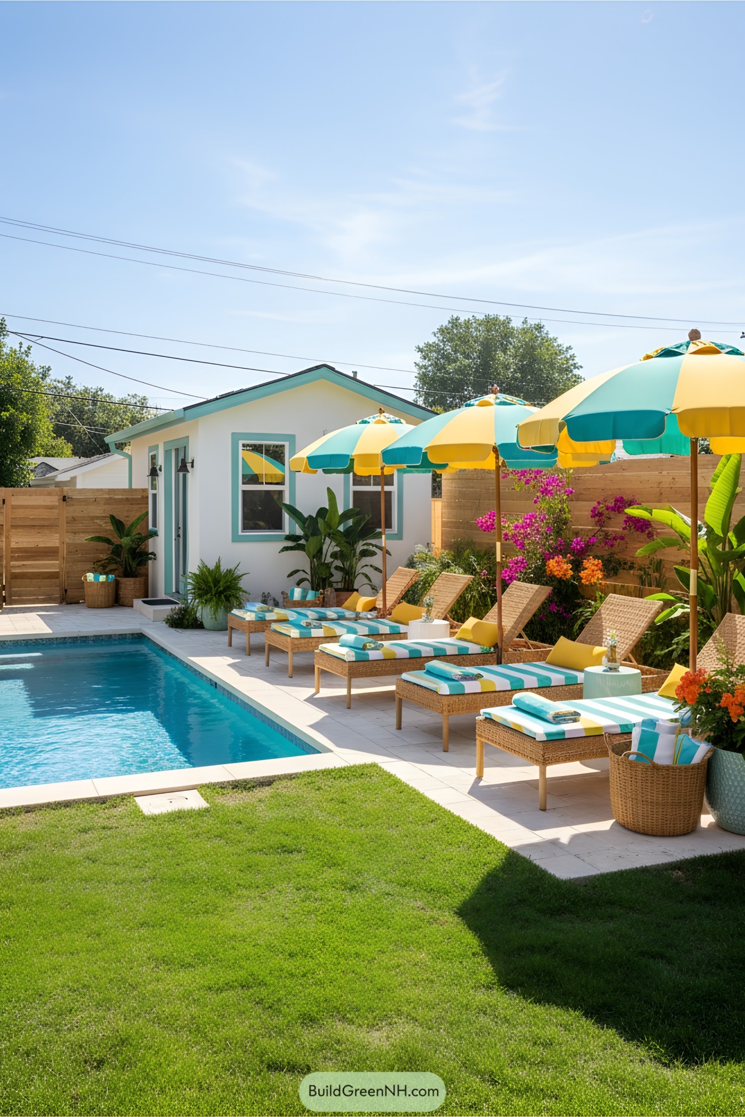 Tiny house with a pool and colorful sun loungers