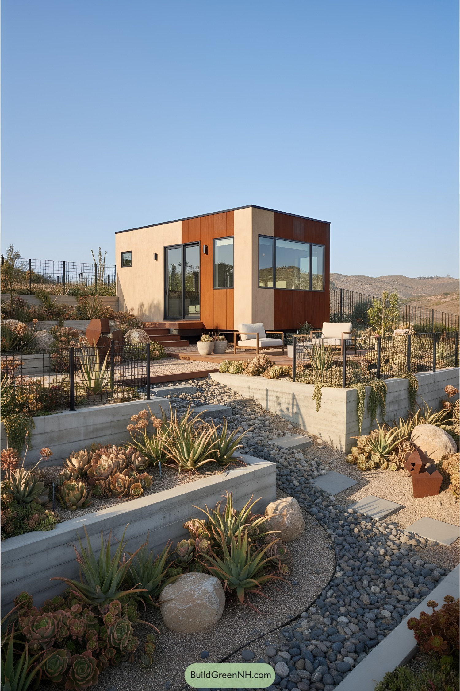 Modern tiny house with glass front in landscaped yard