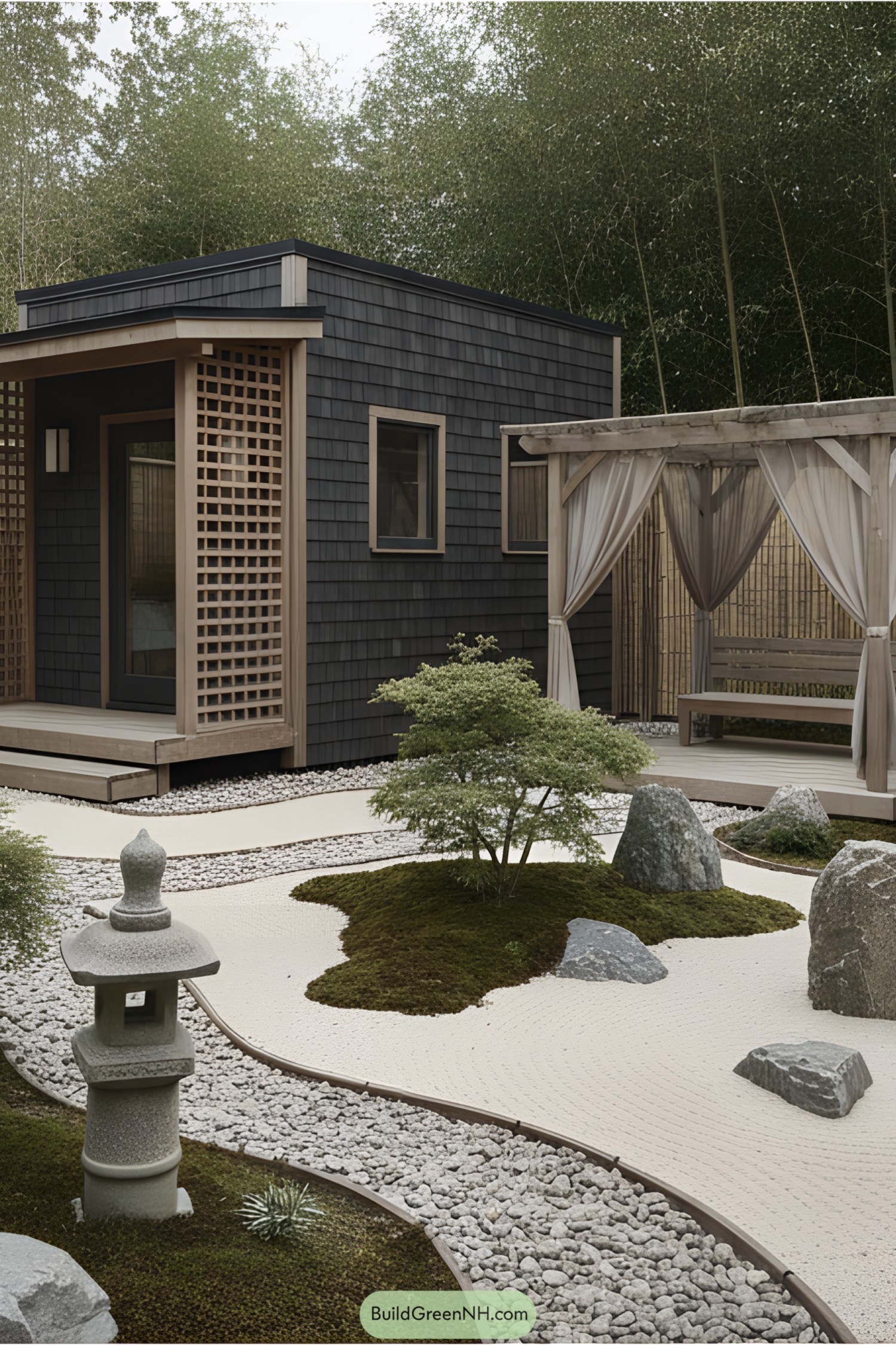 Small wooden house with adjoining pergola in a serene garden setting