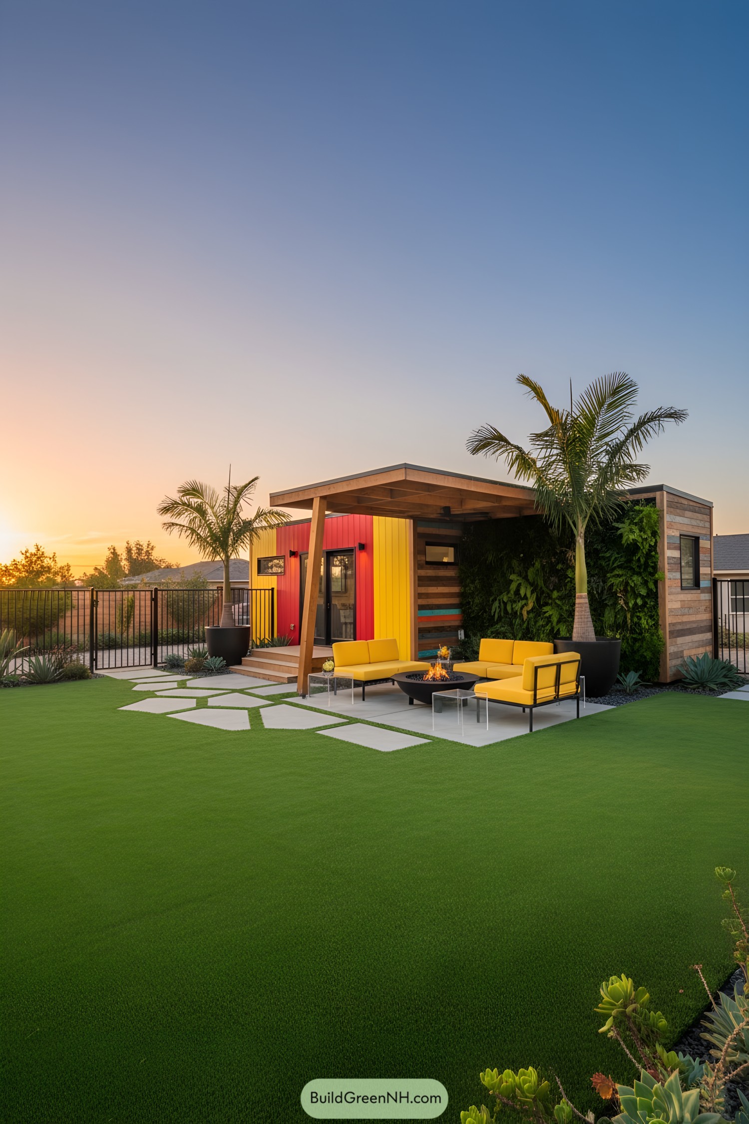 Small colorful house with a lush garden and modern patio furniture