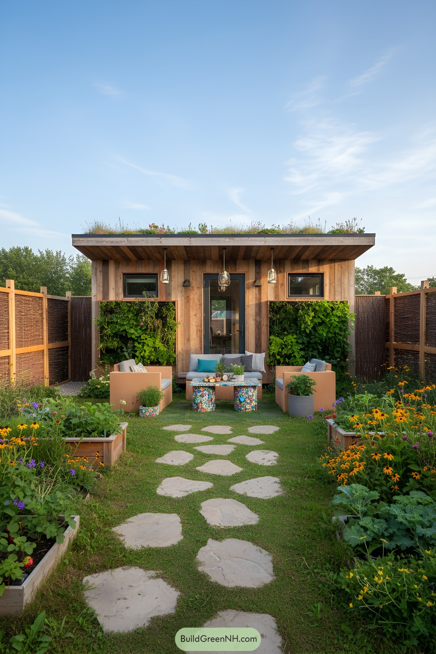 Tiny house with lush garden and seating area