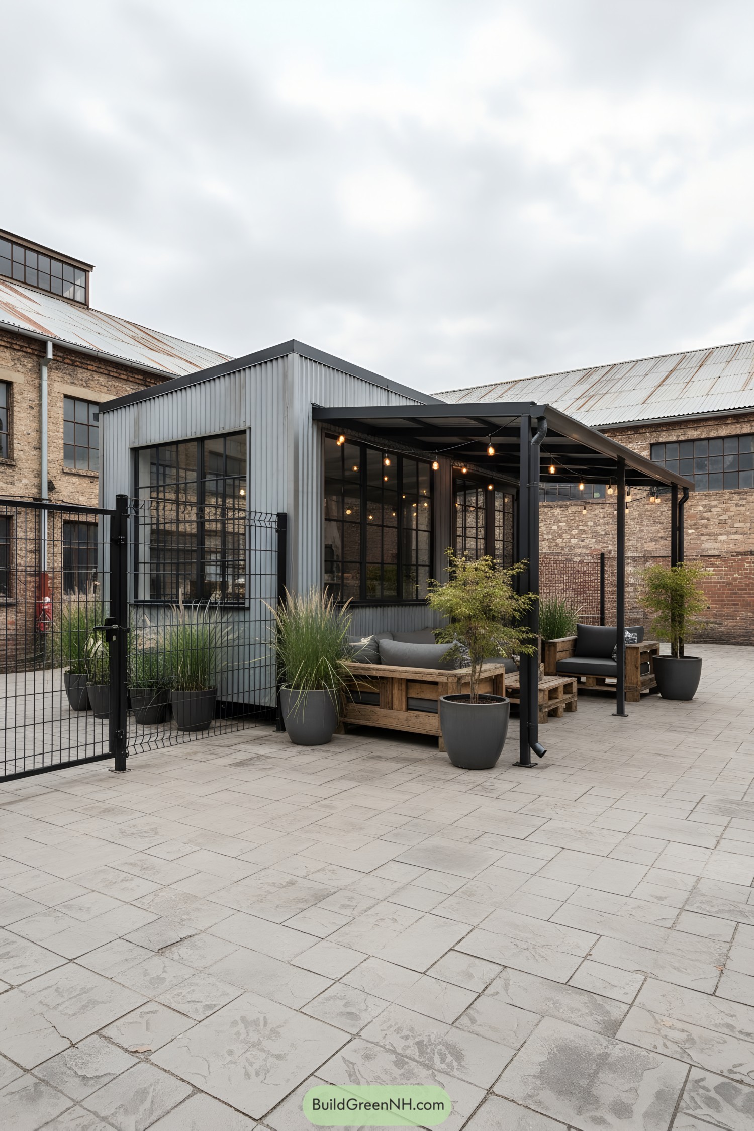 Modern tiny house with industrial design and patio seating