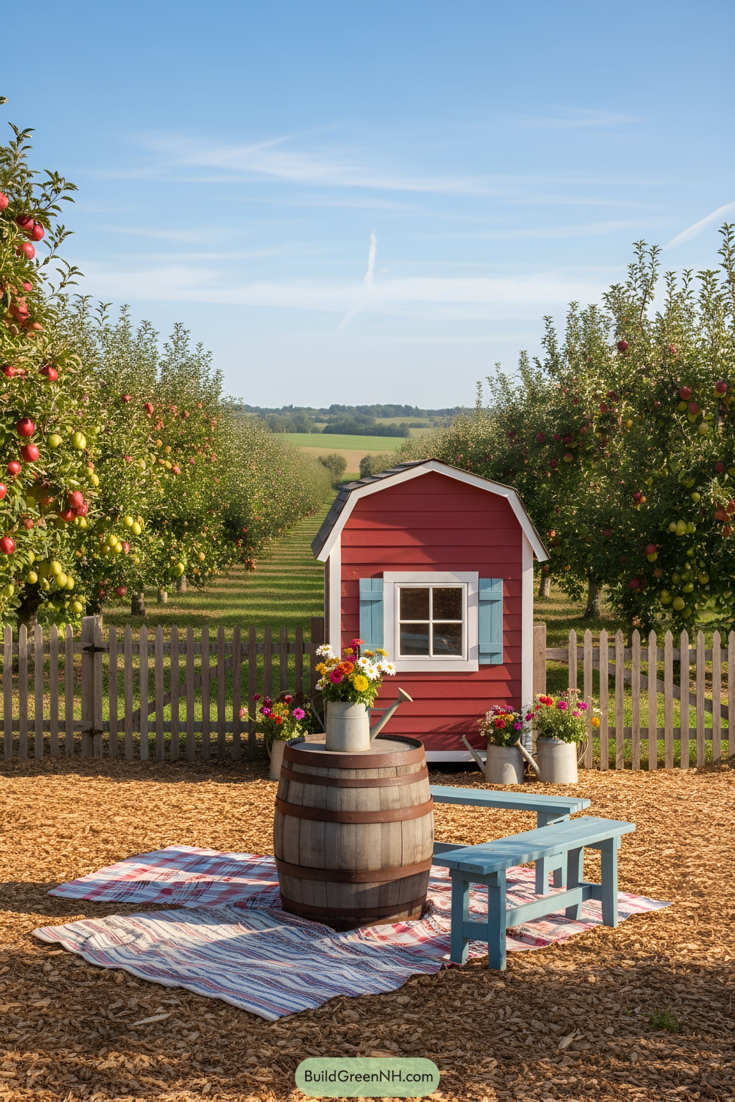 Red tiny house with blue shutters in an orchard