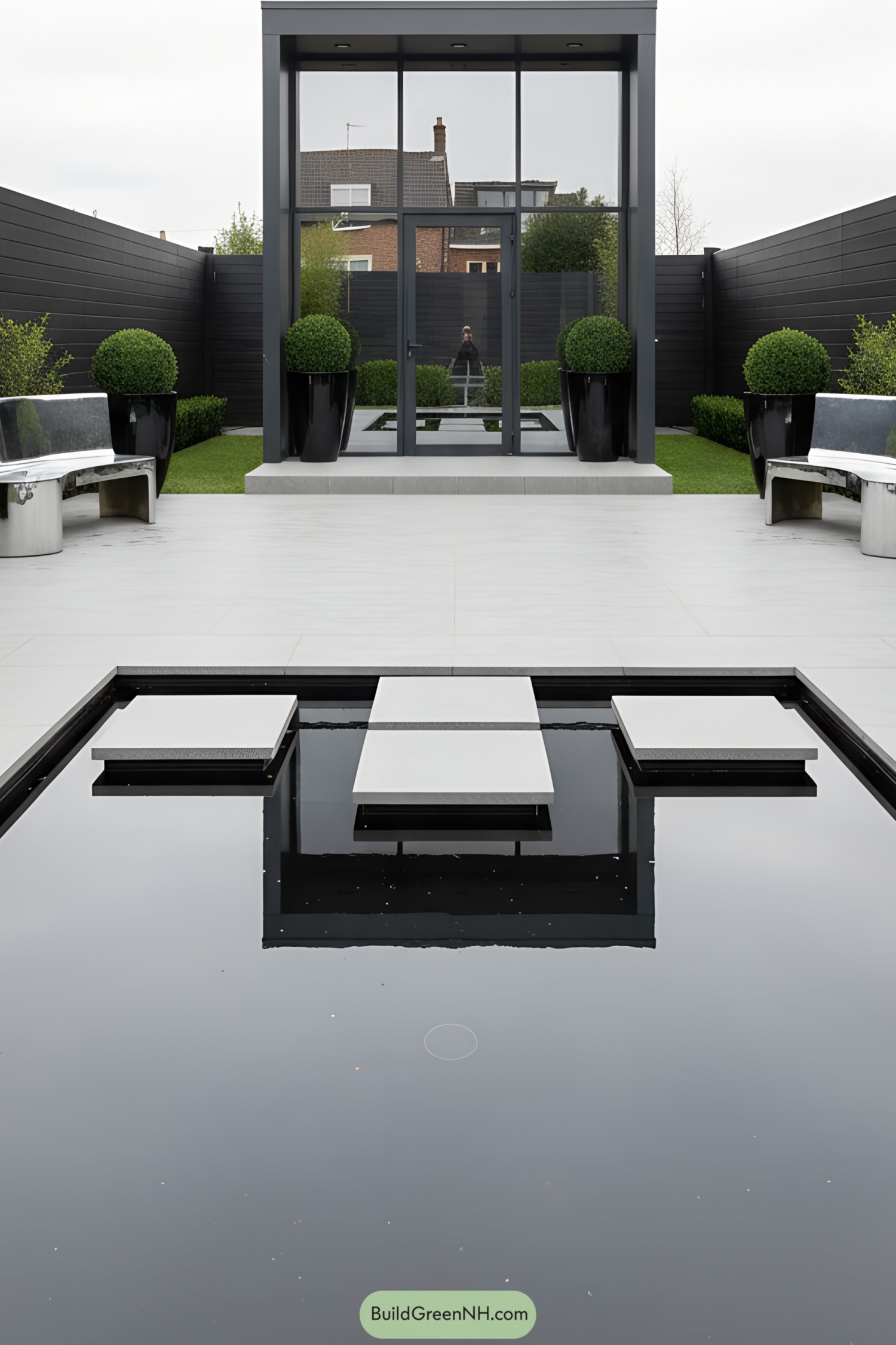 Modern small house with glass walls and reflective pool