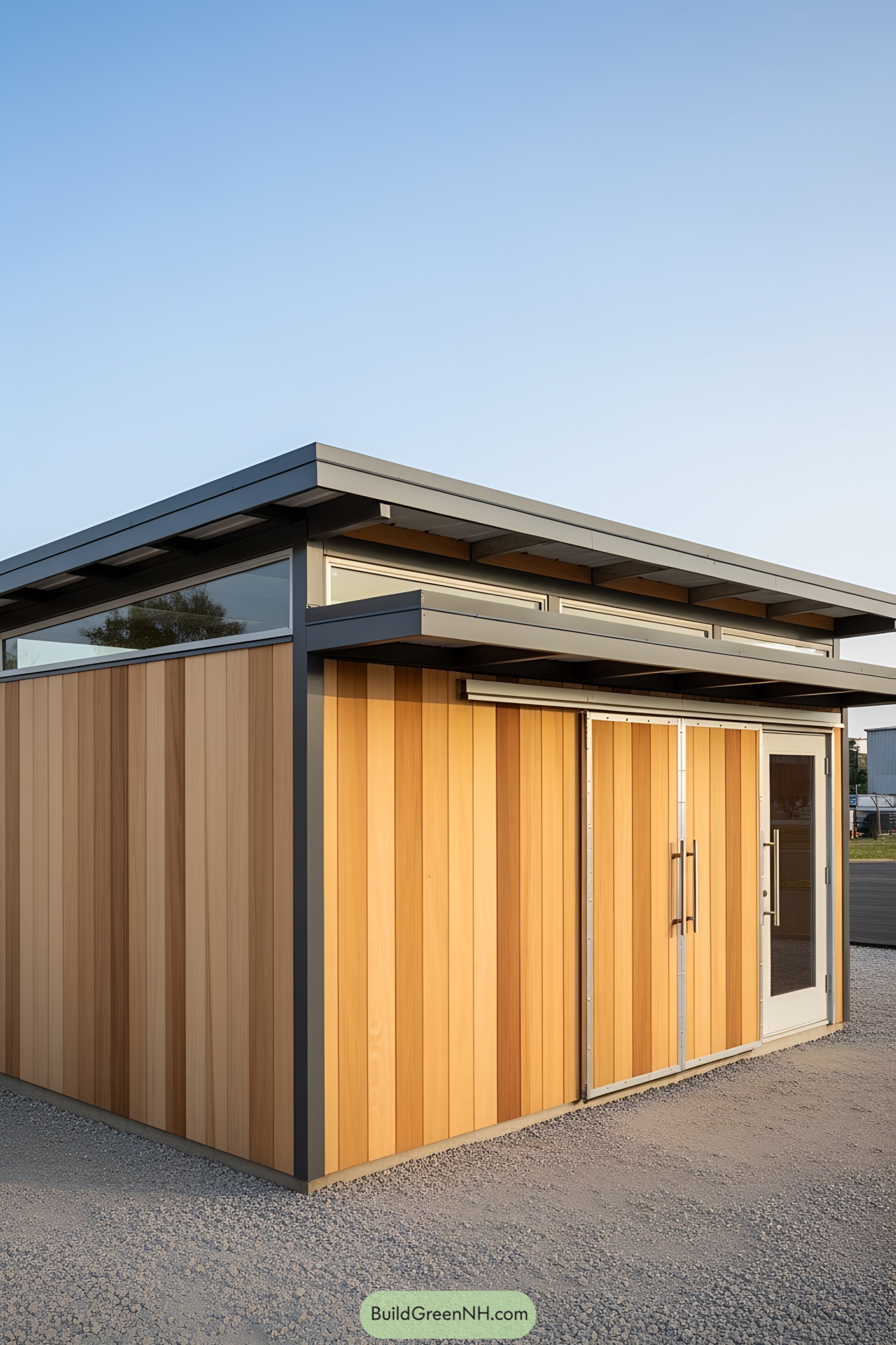 Modern shed with wooden panels and large doors