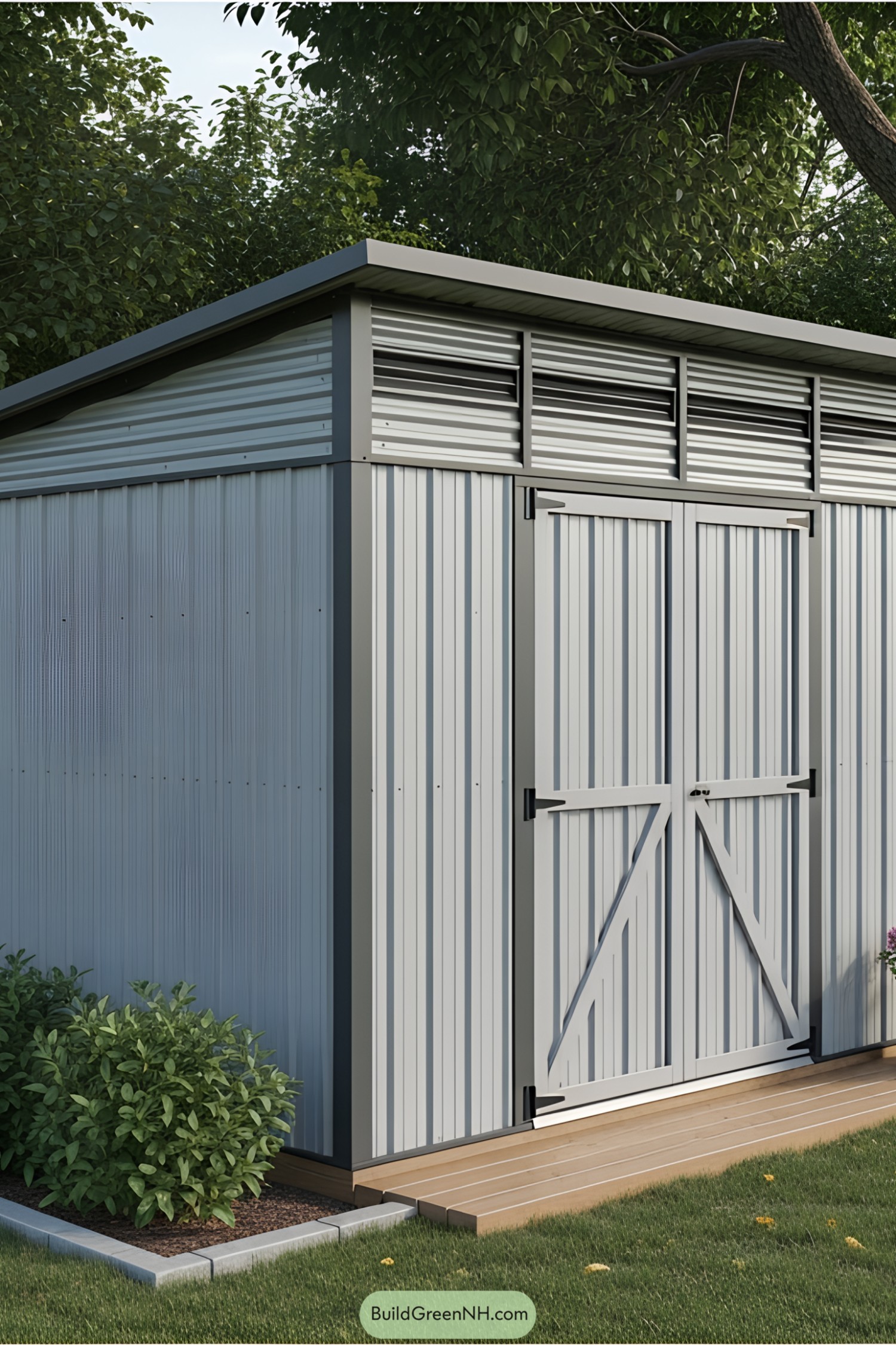 Small modern shed with metal siding and a flat roof