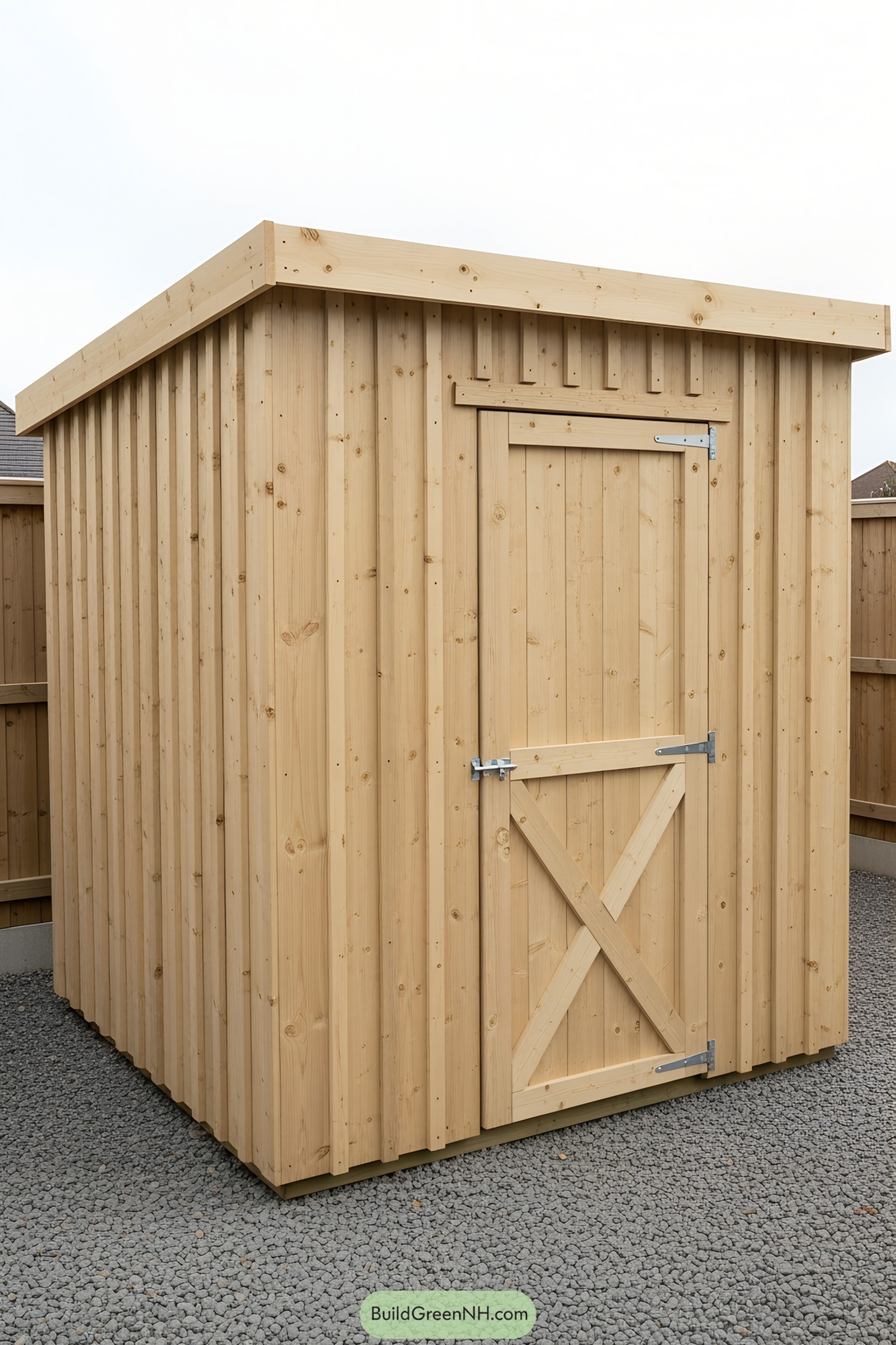 Compact wooden tool shed with a flat roof