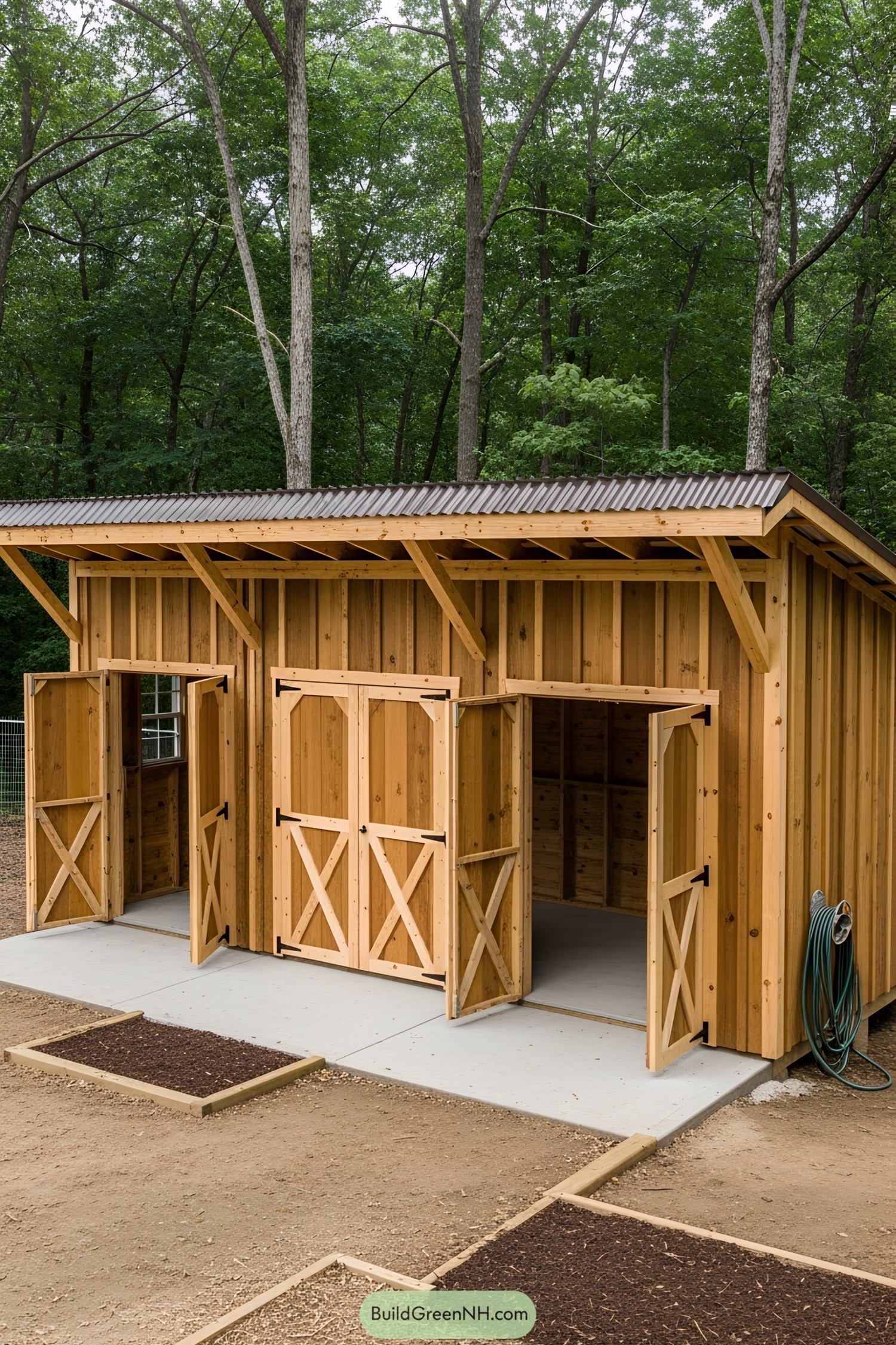 Wooden tool shed with open double doors in a forest setting