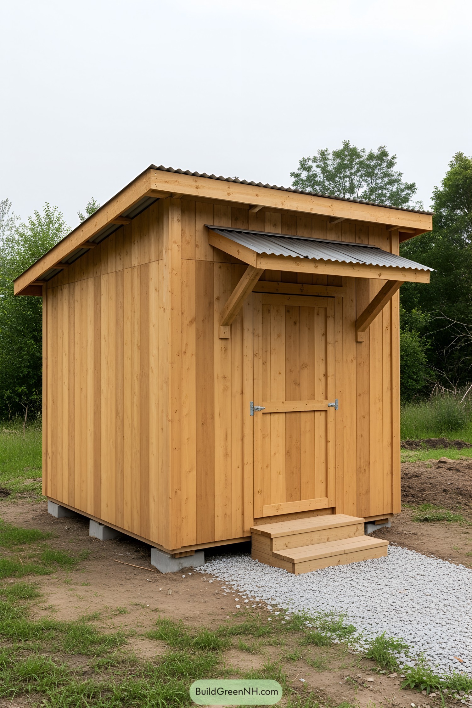Wooden shed with simple steps and greenery