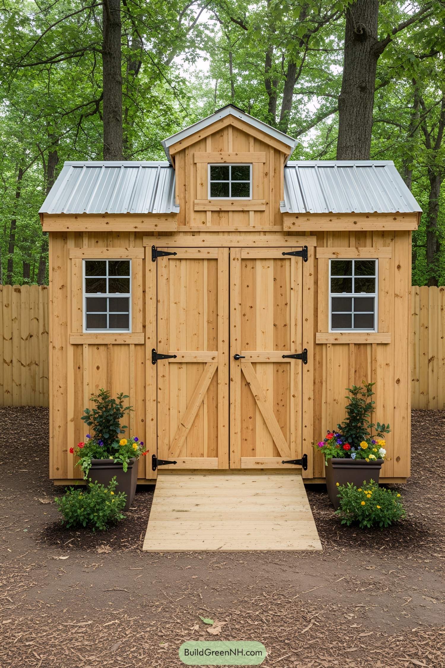 Small wooden shed with metal roof surrounded by trees