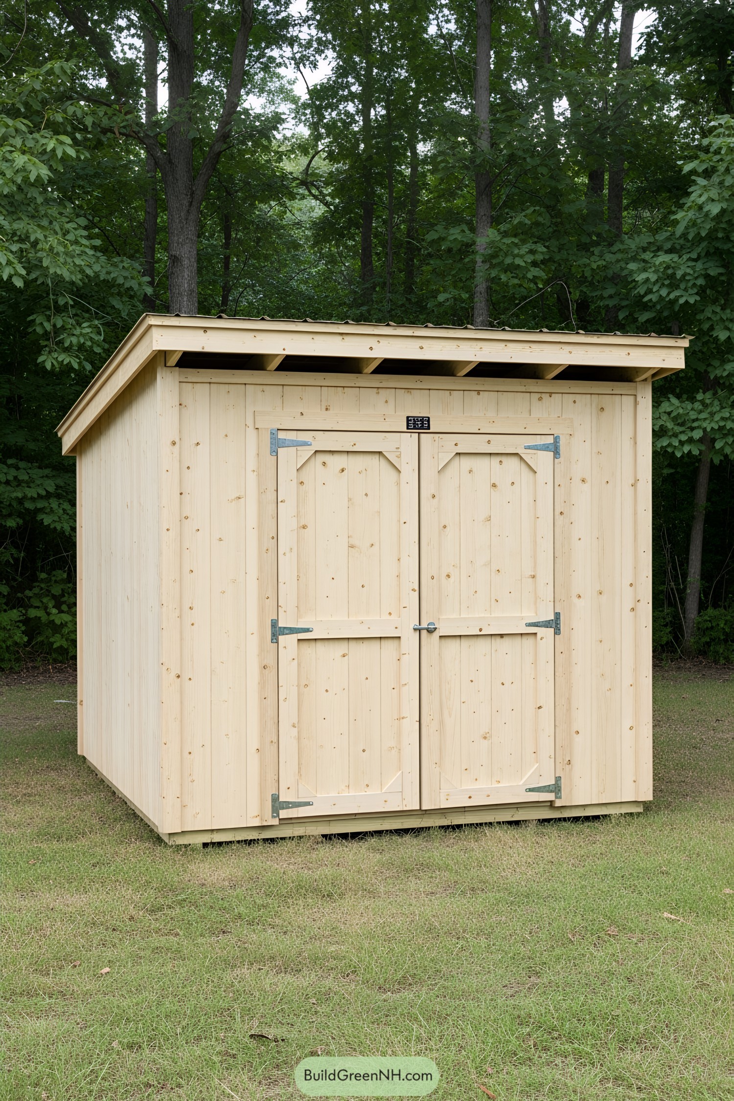 Simple wooden tool shed in a grassy area