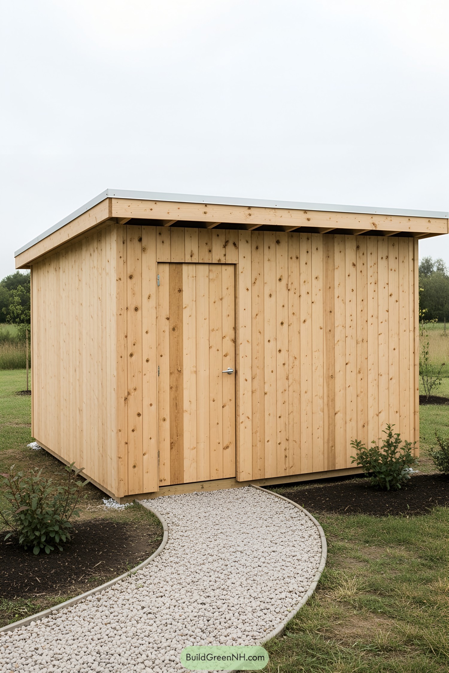 Sleek wooden shed with a pebbled pathway