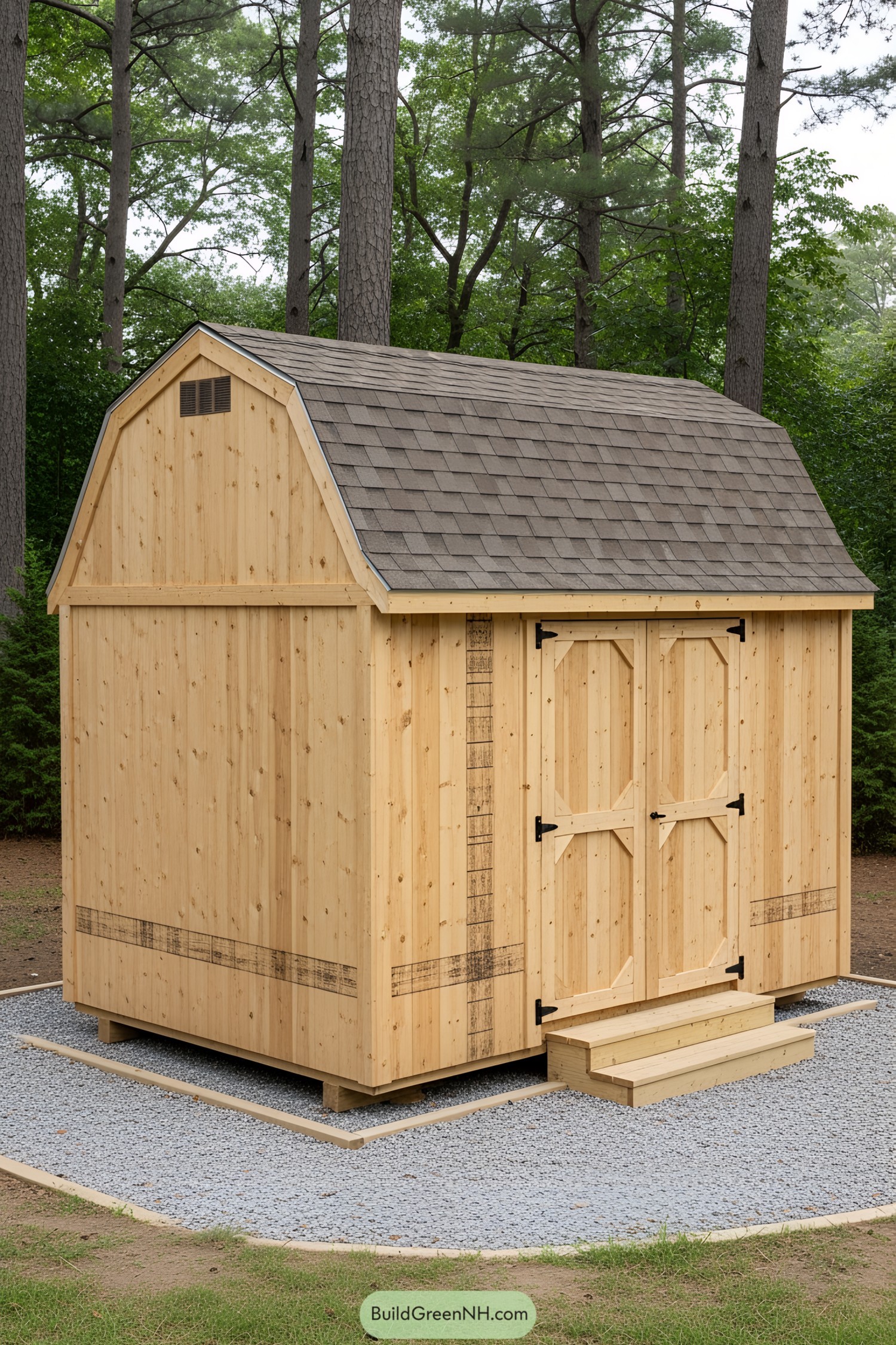 Charming wooden shed with shingles in a forest setting