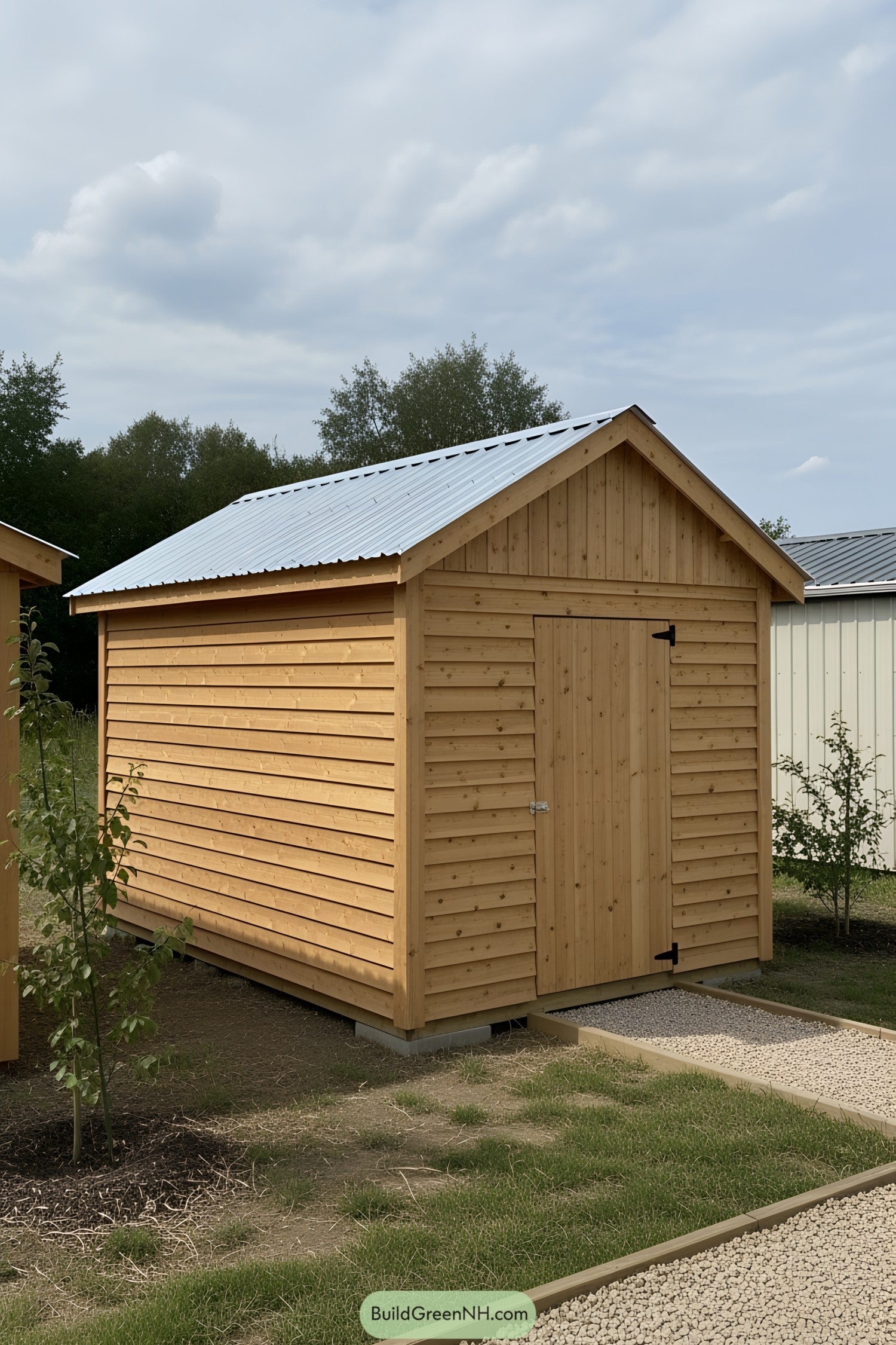 Wooden shed with a metal roof in a garden setting