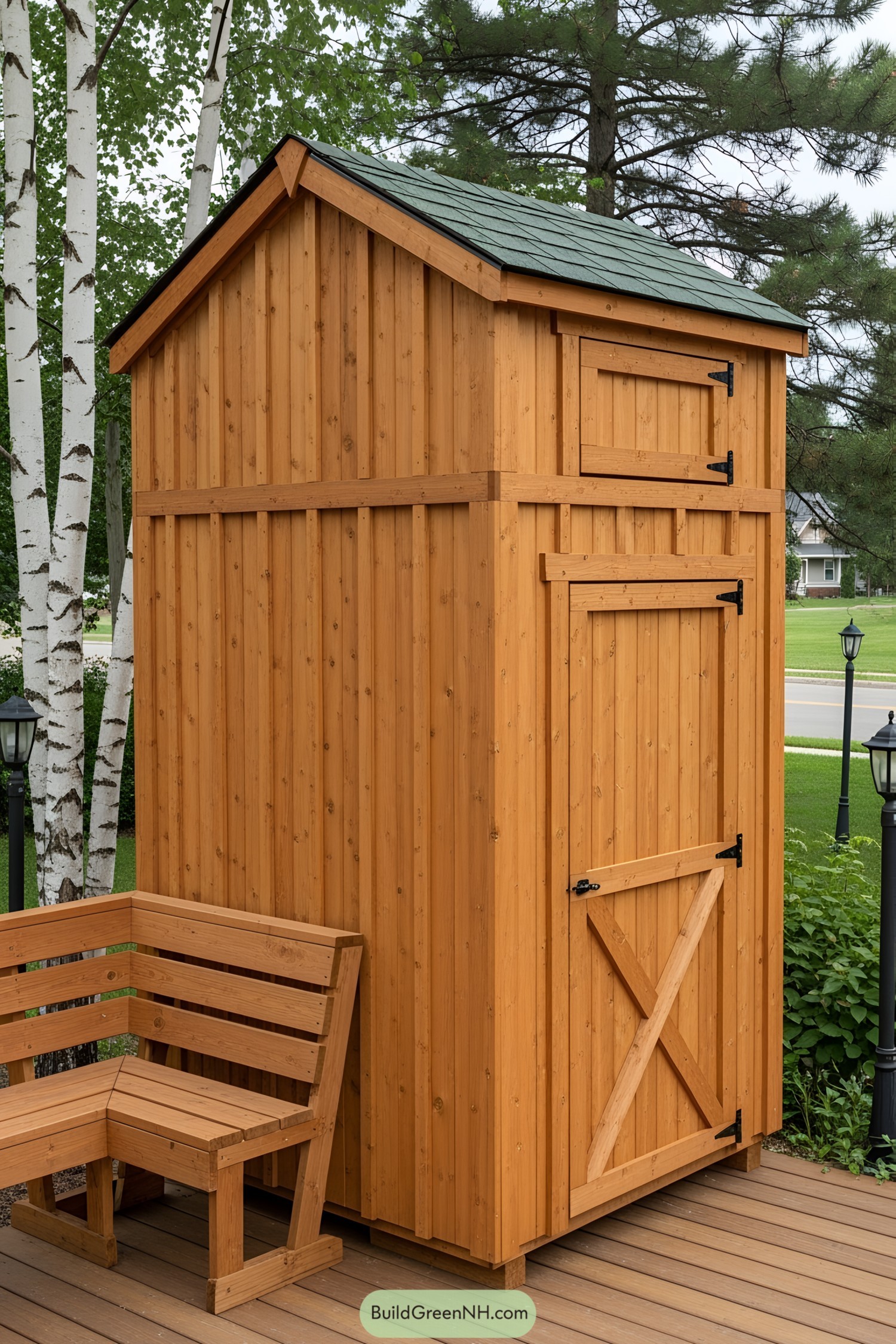 Tall wooden shed with green roof on a wooden deck