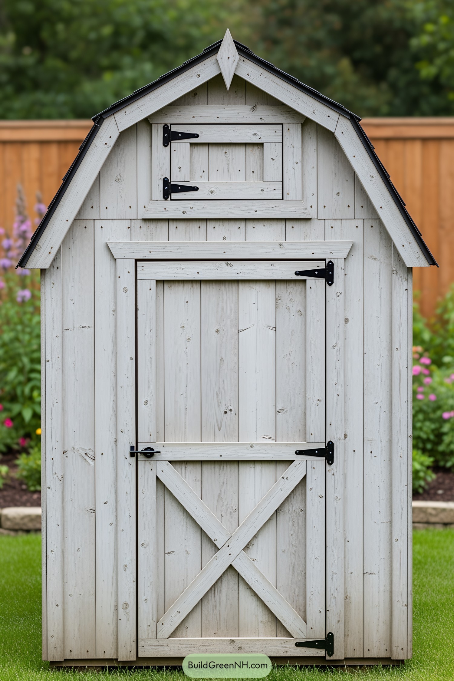 Small wooden shed with a triangular roof and classic design